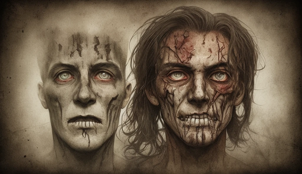 arafed image of two men with bandages wrapped around their bodies, mummified in bandages, disposal mummy, mummy, mummy portrait, the mummy, pixivs and junji ito, draped with horrors and spines, junji ito and greg rutkowski, unspeakable horrors, towering giant made of zombies, iron maiden album cover