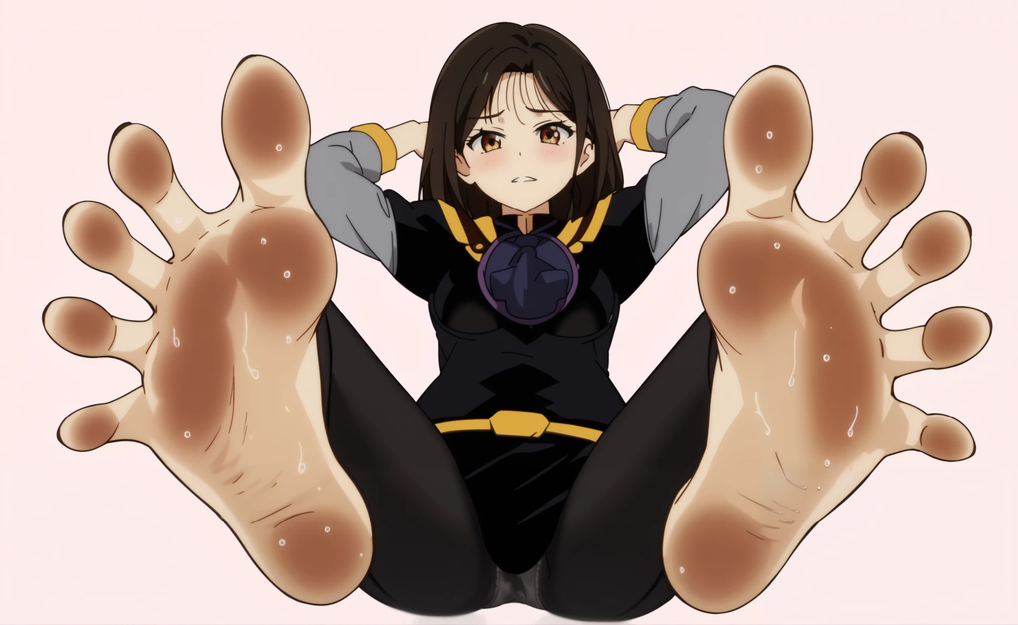 create an image of a scene where a 28 year old anime style character with short dark brown hair to the shoulder, round prescription glasses, skin fair, yellow seductive eyes, black jersey, lab coat and tailored pants, earrings and the body reasonably "big fit ass", she is lying tied to a table with her arms tied behind her and her legs stretched out and tied in front where ropes are tying her ankles with her bare feet with the soles exposed, This character is crying with laughter while two feathers are touching the soles of her beautiful feet