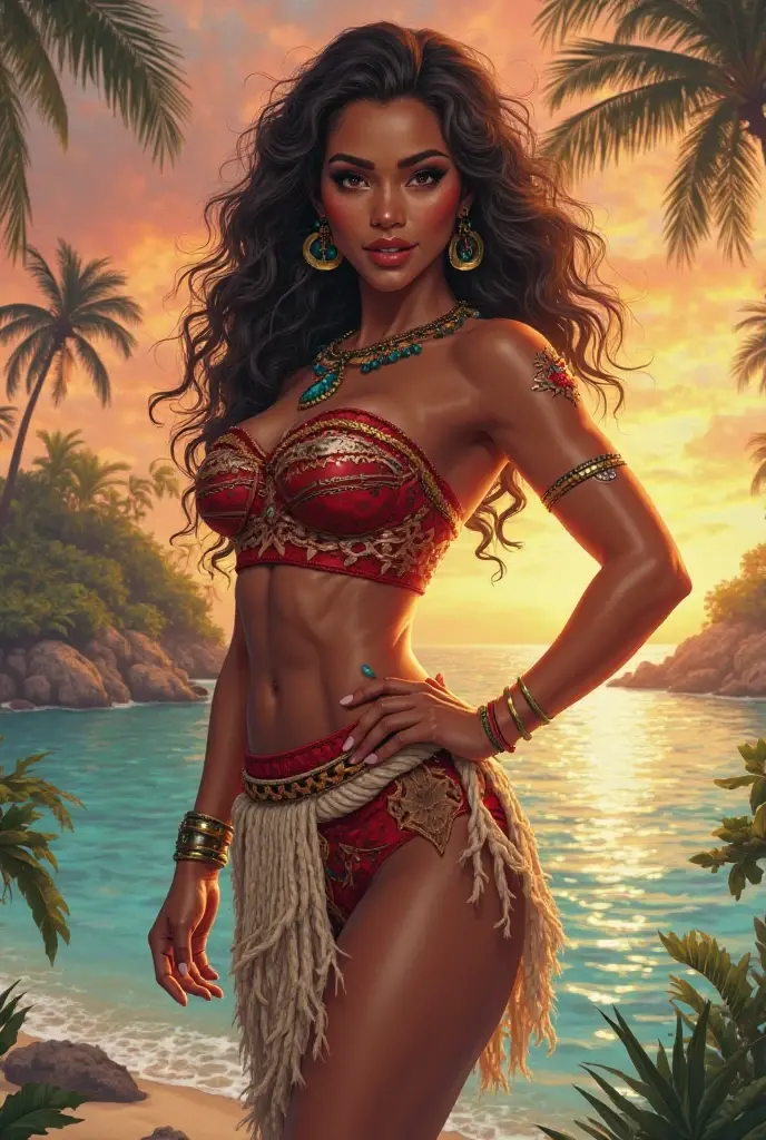 epic movie poster, volcano erupting, award winning (full body:1.3) portrait photo of a (moana:1.2), (seashell bikini:1.2), (water goddess:1.2), tribal tattoos, (wading:1.2) in the pacific (ocean:1.1), arms behind head, (partially submerged shot:1.2), (waves:0.9), desert island background, palm trees, beach,fluffy clouds in the sky, outrun, vaporware, trending on artstation, highly detailed, fine detail, intricate, (lens flare:0.9), (backlighting:0.9), (bloom:0.9), [Style-Micro::10]