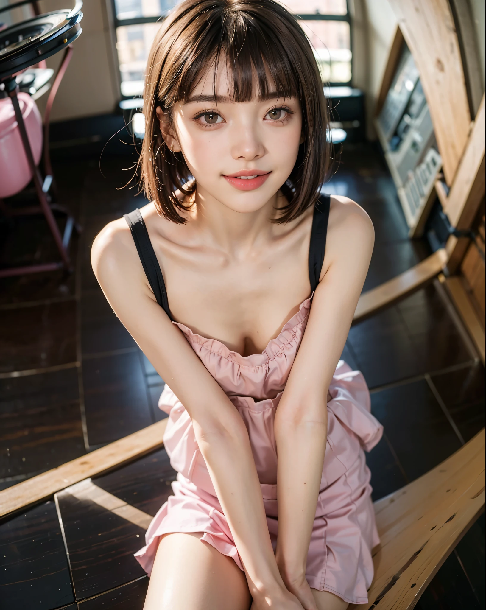 masterpiece, highest quality, 8k,Ultra-high resolution、1080dpi、Head to knee photo、 20th Generation, Large Breasts, cute, alone, sad, cute, Girlish, cute、Delicate girl, Pure beauty, RAW Photos, Professional photography, Soft Light, Professional Lighting, Backlight, avert your eyes, Sophisticated, Film Grain, (Eyes and facial details:1.0), Short floating hair, Beautiful, flowing hair, bangs, (A loose white see-through blouse)、(Large Breasts:1.u can see a little cleavage、The nipple protrusions are clearly visible、(Micro Mini Skirt(Pink))、Voluptuous thighs、Translucent white skin、Dolly Makeup、(Odd Eye、The left and right eyes are different colors)