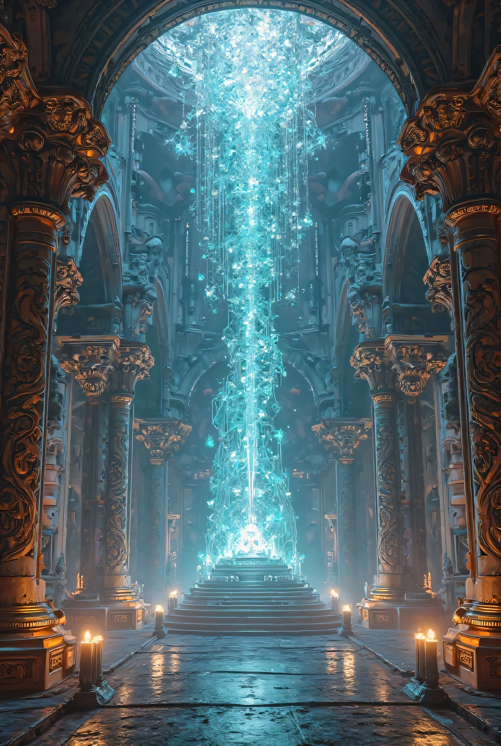 ancient palace, advanced technology, 8K, hyper-realistic, intricate details, dramatic lighting, cinematic, fantasy, epic, futuristic, ornate architecture, glowing holographic displays, floating prismatic crystals, gleaming metal structures, hovering mechanical servitors, shimmering energy fields, photorealistic
