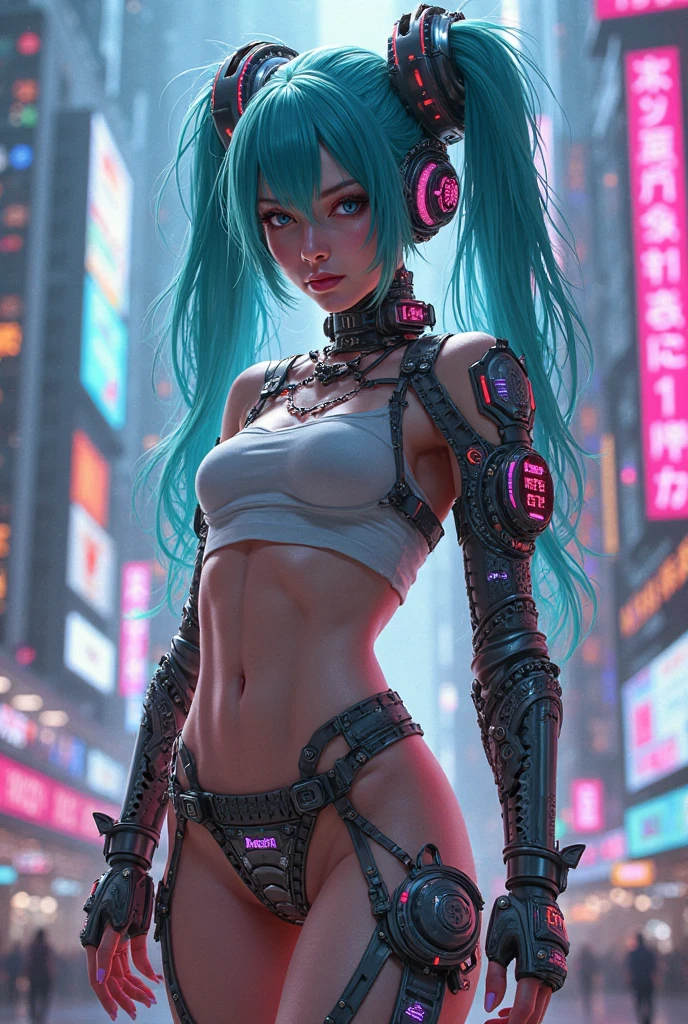Generate a high-quality 16k image using advanced rendering techniques such as photon mapping, radiosity, and physical rendering with automatic white balance. The image should feature a beautiful, 18-year-old cyber punk girl with smooth, soft skin, visible pores, and a heart-shaped butt, which is a current trend in Brazil. She should have multiple cyborg implanted mechanical arms and a bionic face, with electricity effects visible. She is fit and attractive, with small breasts and nipples visible. She is wearing cotton micro lingerie with cotton panties or very short pajamas. The focus of the image should be her beautiful, symmetrical face with ultra-detailed eyes and the bikini line on tanned skin. She should have a smiling expression and pose in a sexy manner, looking directly at the viewer. The background should be a detailed sci-fi Cyber punk 2077 setting, rendered using CGI with Unreal Engine 5, but with a soft focus effect. The final artwork should not be based on a specific photograph, but should look realistic. The composition should evoke a sense of technology and high-quality craftsmanship, reminiscent of a masterpiece of illustration and CG art. The image should include elements of unity, wallpaper, and official art, with fine details, extreme delicacy, and beauty, presented in sharp focus with a high level of detail.