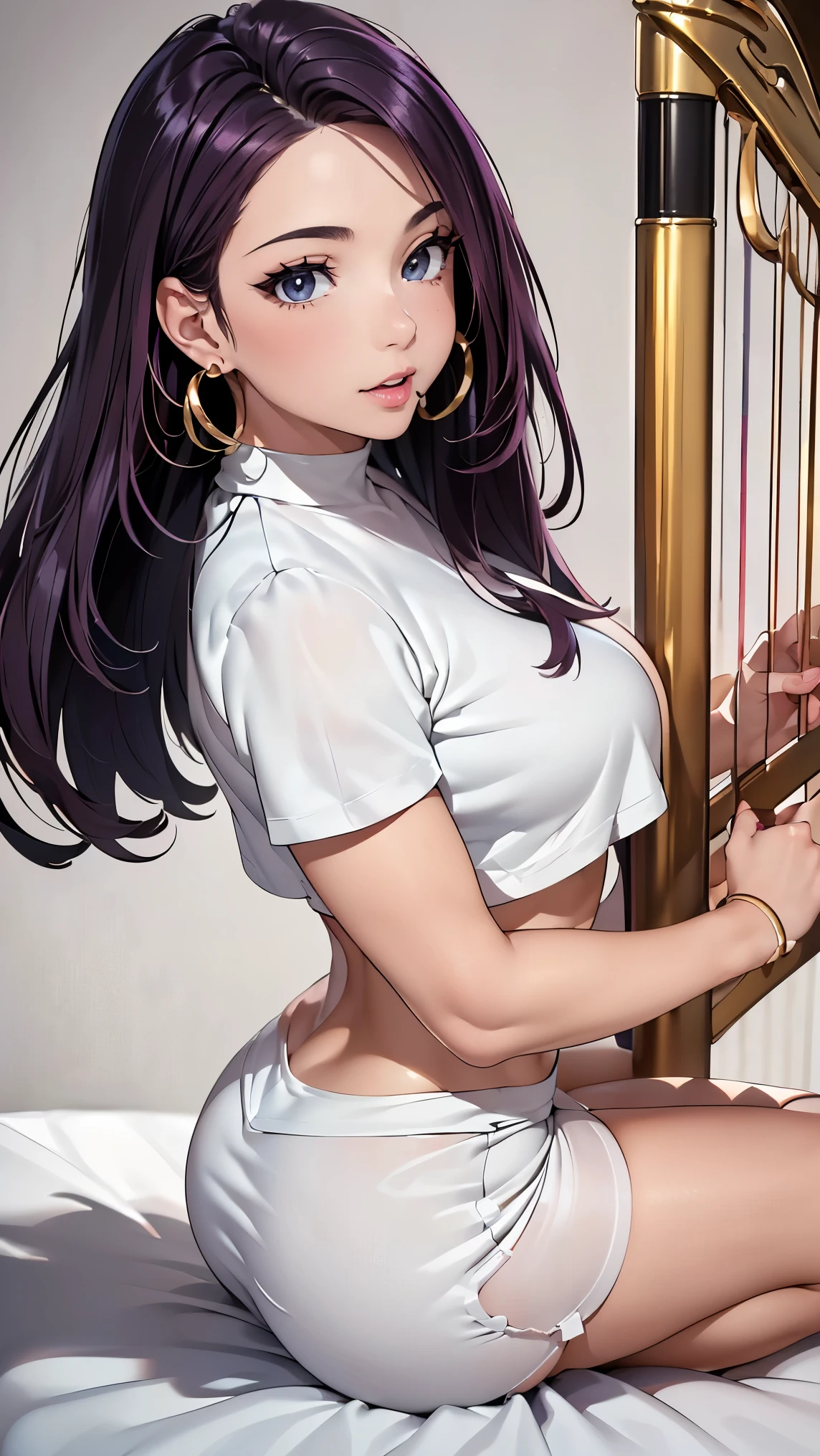 (masterpiece:1.Ultra High Definition Finish、(high definition、8k:1.3)、(of the highest quality、Ultra Realistic.:1.Harp focus , Ultra high definition face、Face-Focused、Ultra High Definition Beautiful Eyes.、 eyes are symmetrical .:1.3、Beautiful and high definition skin、 toned skin 、close-up face after ejaculating in mouth、 、 is so beautiful 、 is so beautiful 、natural makeup, Bright lips ,, full body, Jesse_Pokemon, earrings, Rocket Team Uniform Like the Picture , crop top, very long hair, purple hair, slick back hair, white mini skirt, watching, happy
