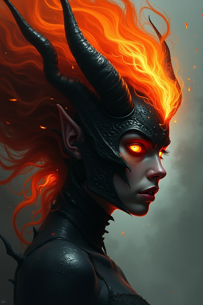 Female demon head with orange eyes and flaming hair
