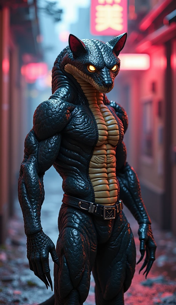 a muscular dragonborn superhero with a yellow body, blue eyes, and fins, wearing a cyberpunk-style superhero suit, shirtless, standing in a room with a street and neon lights outside, detailed eyes, high quality, best quality, huge bulge