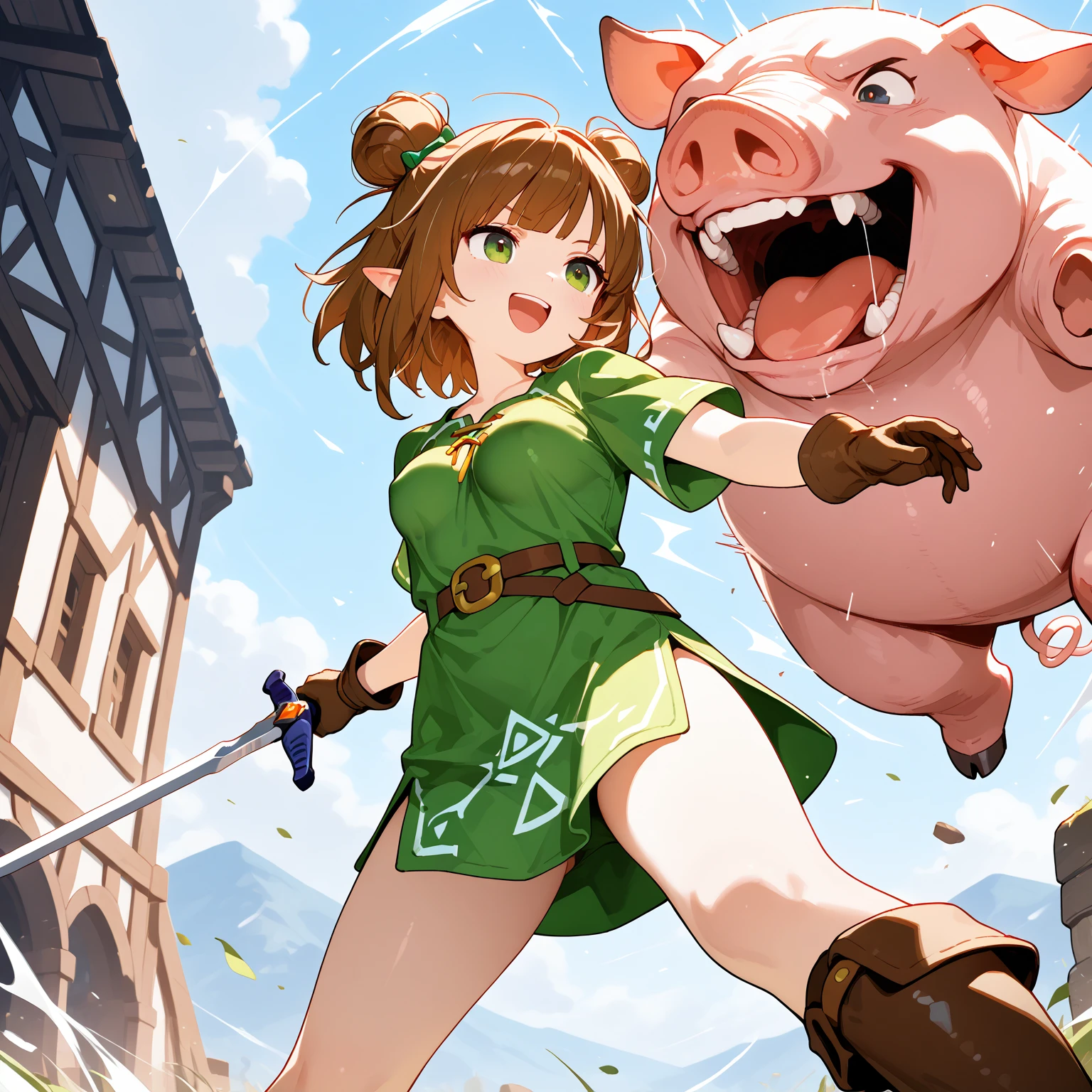masterpiece, (((goblinriding, a goblin is riding a girl))), goblin, (((all fours))), 1girl, (nude), (nose hook), reins, collar, chain, rope, obey, happy trance, smile, hair ornaments, large breast, huge breast, expressionless, emotionless, blank eyes, empty eyes, mind control, NSFW, Satono Diamond ,(Uma Musume), horse ears, animal_ears, ((standing)), apocalyptic background, horror, monster, glowing eyes