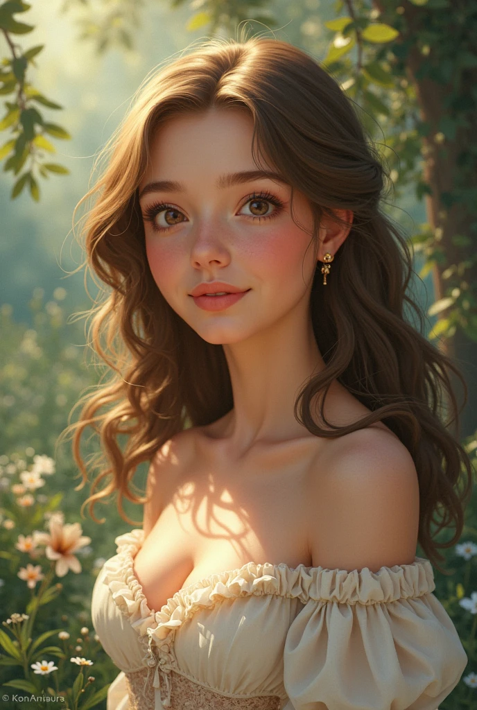 portrait Emma Watson, wearing sexy Tinker Bell lingerie, against the background of the garden, 6 0 3 0 s, curly hair, intricate, elegant, highly detailed, digital painting, artstation, concept art, smooth, sharp focus, illustration, art by thomas kindkade, charlie bowater, artgerm, greg rutkowski, alphonse mucha and alexandra fomina, 36k, glittering, shining
