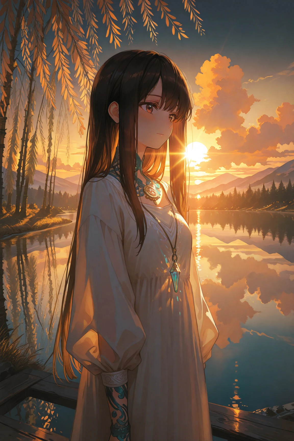 1 girl, serene expression, mesmerizing eyes, straight long hair, flowing dress, poised posture, porcelain skin, subtle blush, crystal pendant
BREAK
golden hour, (rim lighting):1.2, warm tones, sun flare, soft shadows, vibrant colors, painterly effect, dreamy atmosphere
BREAK
scenic lake, distant mountains, willow tree, calm water, reflection, sunlit clouds, peaceful ambiance, idyllic sunset, ultra detailed, official art, unity 8k wallpaper
, zentangle, mandala