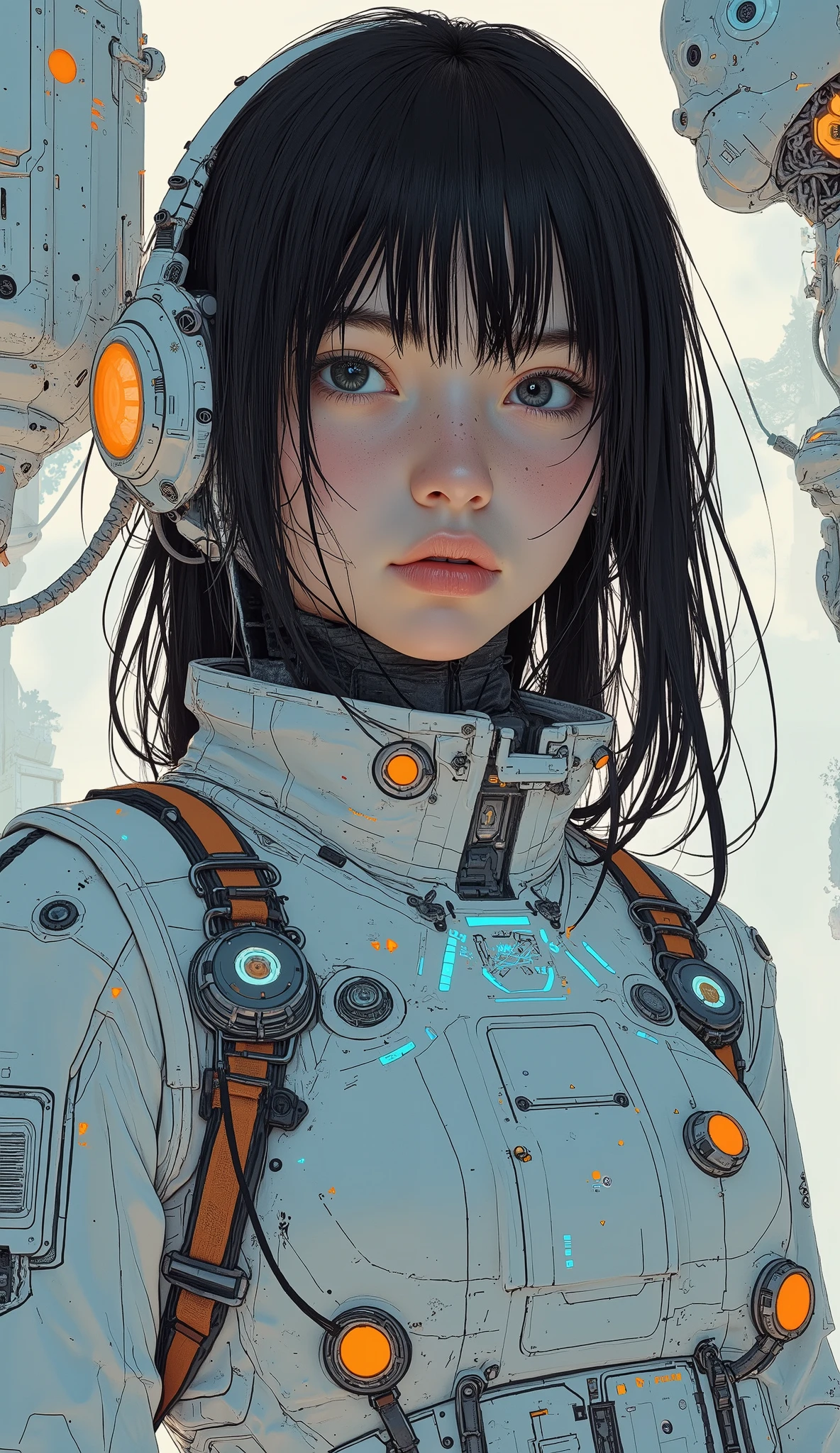 futuristic girl in a spacesuit with futuristic lights, Science Fiction Digital Art illustration, Science Fiction Digital Art, Science Fiction Digital Art, futuristic digital art , futuristic digital painting, digital concept art illustration, Stunning Digital Illustrations , 4K high-definition digital art, realism | Beeple, sci-fi digital painting , portrait of an ai astronaut、A futuristic space helmet adorned with vibrant orange and blue circuitry and holographic displays, Creating Hi-Tech and Sci-fi Aesthetics.