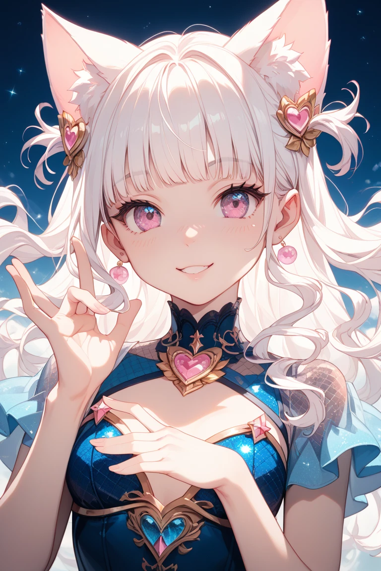 Silver hair, pink eyes, woman, sun and cloud background, pink red gold clothes, hair bows, happy face, fantasy outfit, sexy, cat ears