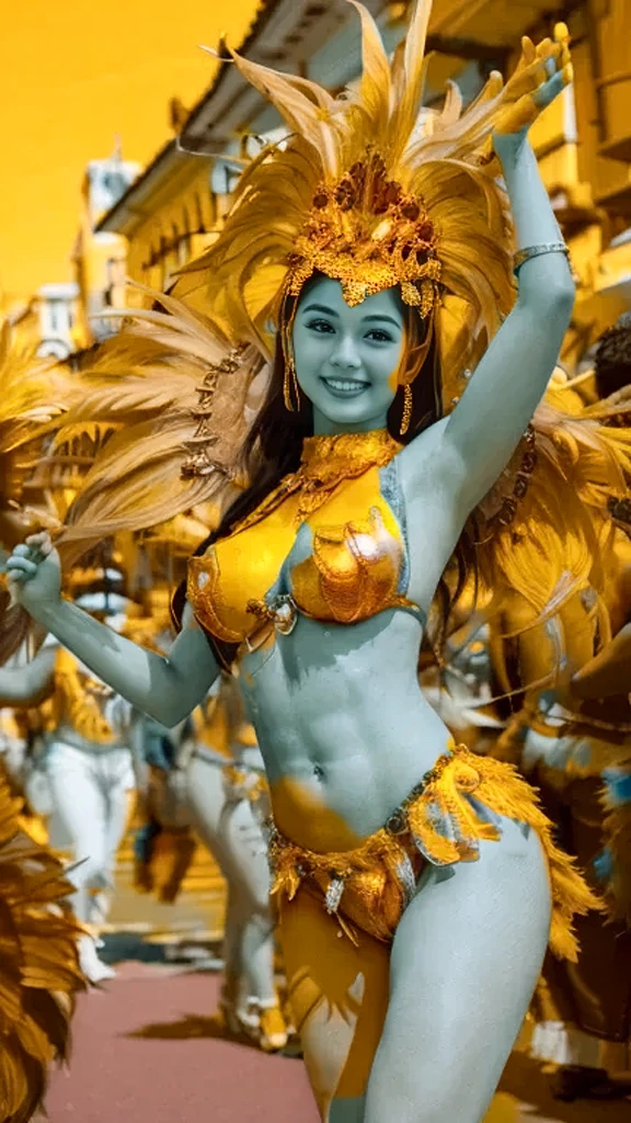 Outfit: Rio de Janeiro embraces her vibrant culture with a stunning carnival-inspired outfit. She wears a feathered headdress, a sequined bikini, and accessorizes with colorful bangles and anklets. Flip-flops adorned with tropical flowers complete her ensemble.
Looks: Rio de Janeiro is a mesmerizing beauty with sun-kissed skin, long flowing hair, and a radiant smile. Her eyes shimmer with warmth and joy, reflecting her lively spirit.
Background: Born amidst samba beats and sandy beaches, Rio de Janeiro is the embodiment of passion and celebration. She loves dancing, football, and embracing the festive atmosphere that permeates her city