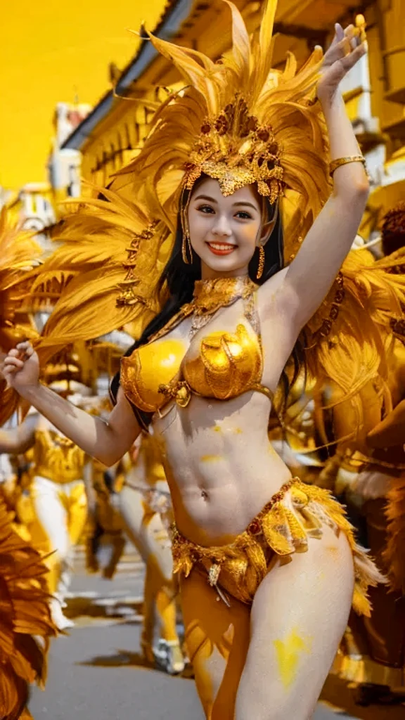 ((Best Quality)), ((Masterpiece)), (Ultra High Definition)), Pictures, 1girl, Brazilian, Rio, Carnival costumes of various colors, laughing, dancing attractive woman, beautiful face, focus on face