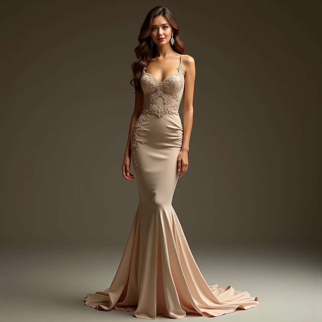 The dress you described is an elegant and sophisticated design that blends delicate details with a flattering silhouette. Here is an overview of the dress:
style: The dress has a princess style with a mermaid waist, which creates a figure-flattering silhouette.
lace: The dress is crafted from delicate lace with a rose petal pattern. This lace gives the dress a romantic and feminine appearance.
neckline: The dress features a V-neckline that accentuates the neck and chest.
waist: The waist is defined by a mermaid silhouette, creating a smooth transition from the torso to the skirt.
Skirt: The dress's skirt is a pastel hue, giving it a soft, feminine touch of color.
Details: The dress may incorporate blue details, A dress that is reminiscent of a sash or an embellishment, adding a touch of color and contrast.
general: This dress is perfect for special occasions such as weddings, formal gatherings or events. Its elegant and sophisticated design makes it ideal for women seeking a feminine and romantic look.