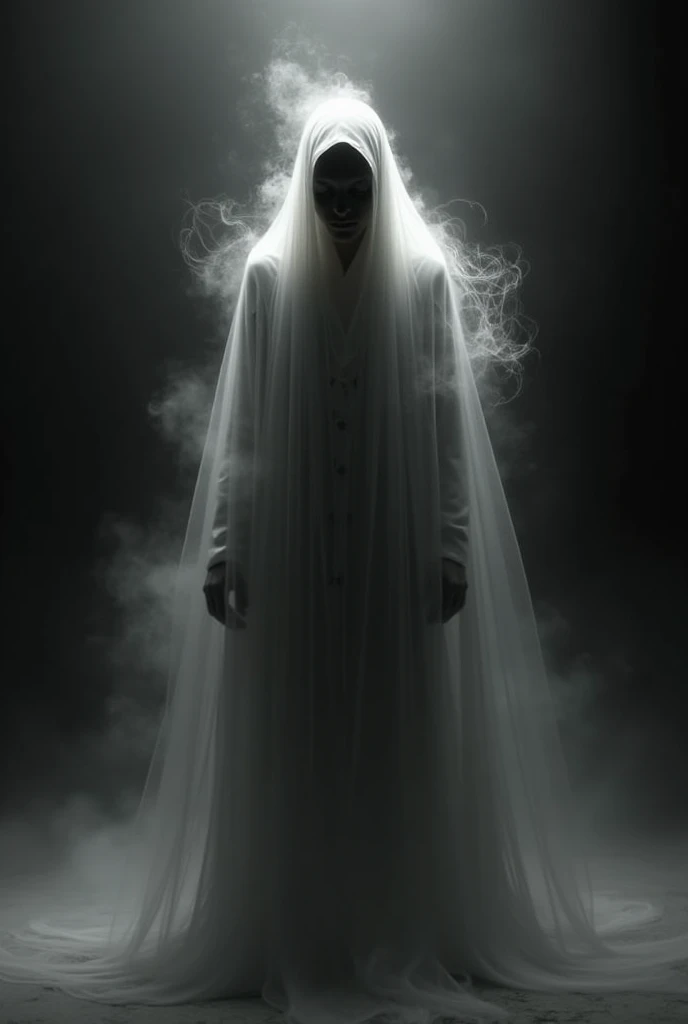 A haunting shot of a ghostly apparition emerging from the darkness, with ethereal tendrils stretching towards the lens like skeletal fingers. The dimly lit environment casts an eerie atmosphere, as the misty figure's face is obscured by the shadows.