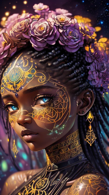 {Celestial hues, lofi, shiny aura, oil shine, cute, black girl in a crop top and baggy jeans, big pretty eyes, golden tribal markings} solo ((( perfect dark skintone, perfect flawless face, highly detailed, dynamic pose, intricate glowing motifs, beautifully detailed floral organic tracery, geometric, perfect composition, digital painting, artstation, concept art, smooth, sharp focus, illustration, Carne Griffiths, pixar, Victo ngai, Jean Baptiste Monge, beautiful, perfect eyes, full lips, 8k, best quality, full shot )))