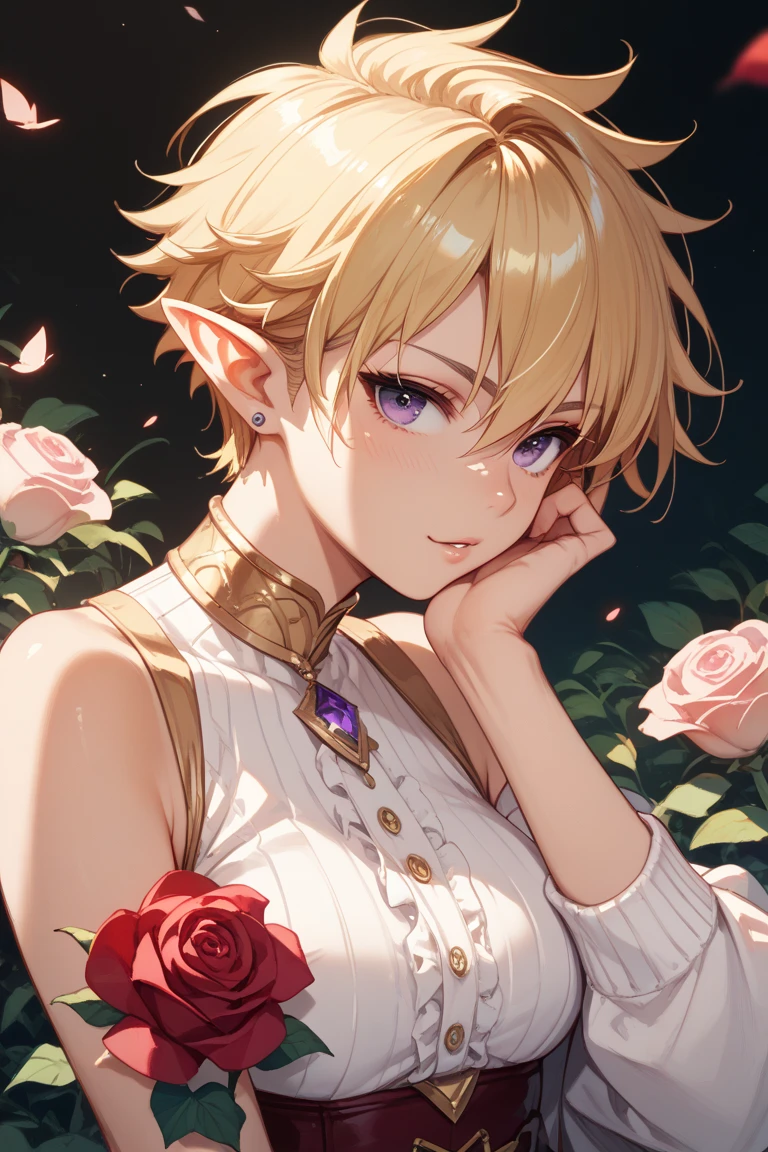 young man, twink, (((male))), (((man))), (((one person))), single, solo, (((very light blonde hair))), (((pink colored eyes))), (medium short hair), (chin-length hair), wavy hair, slim body, ((flat chest)), (((wearing fantasy clothes))), ((fantasy style)), ((wearing flowers in his hair)), flowercrown, ((pointy ears)), sunny weather, (((light pink colored eyes))), smooth skin