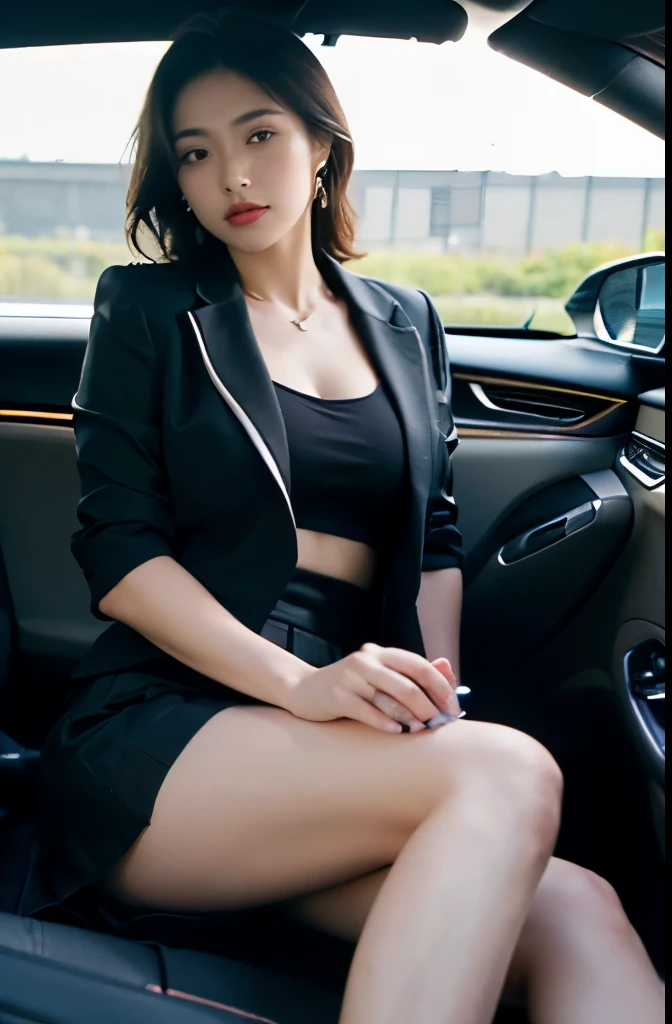 a very wide image of beautiful thai girl has volume light brown and black hair, detail of skin, girl 20 year olds, big breasts:1.2, breasts out:1.2, wearing the deep neck suit. Full body. Hold the louis vuitton bag. sitting on luxury car, looking directly at camera, cinematic and dramatic movie scene nice bokeh and compose in style of John wick Hollywood movie, sexy pose.