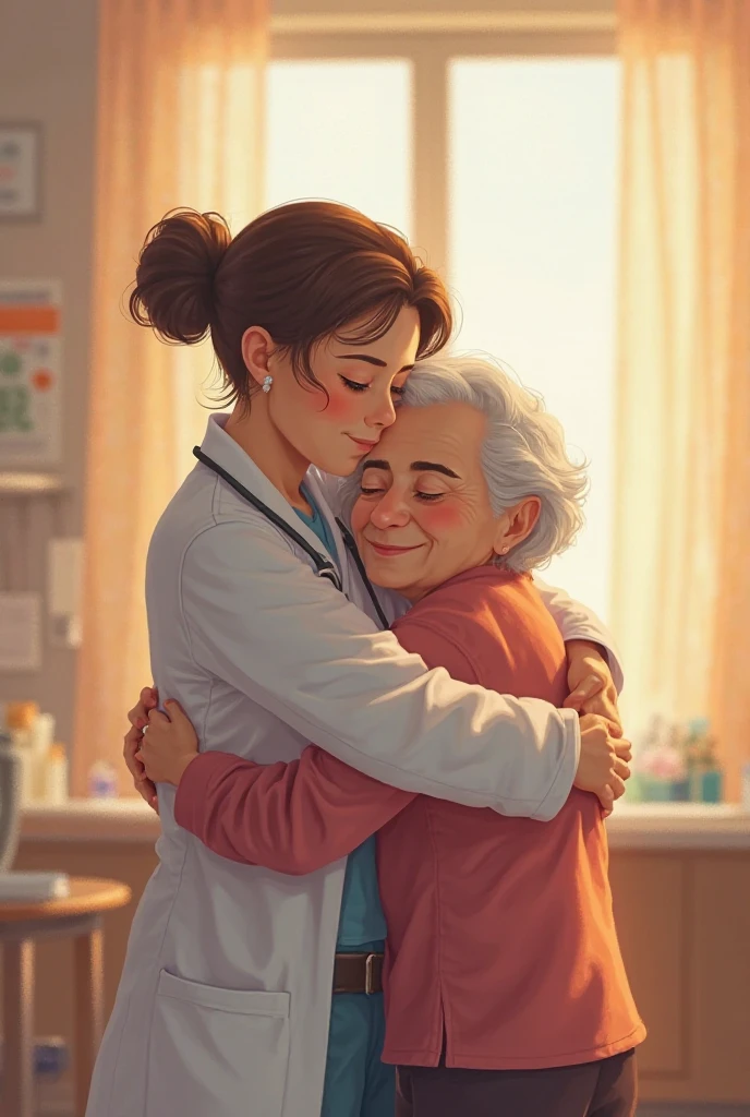 A young doctor in her doctors coat, huggin her mother tightly and happy (her mother wearing normal clothes)