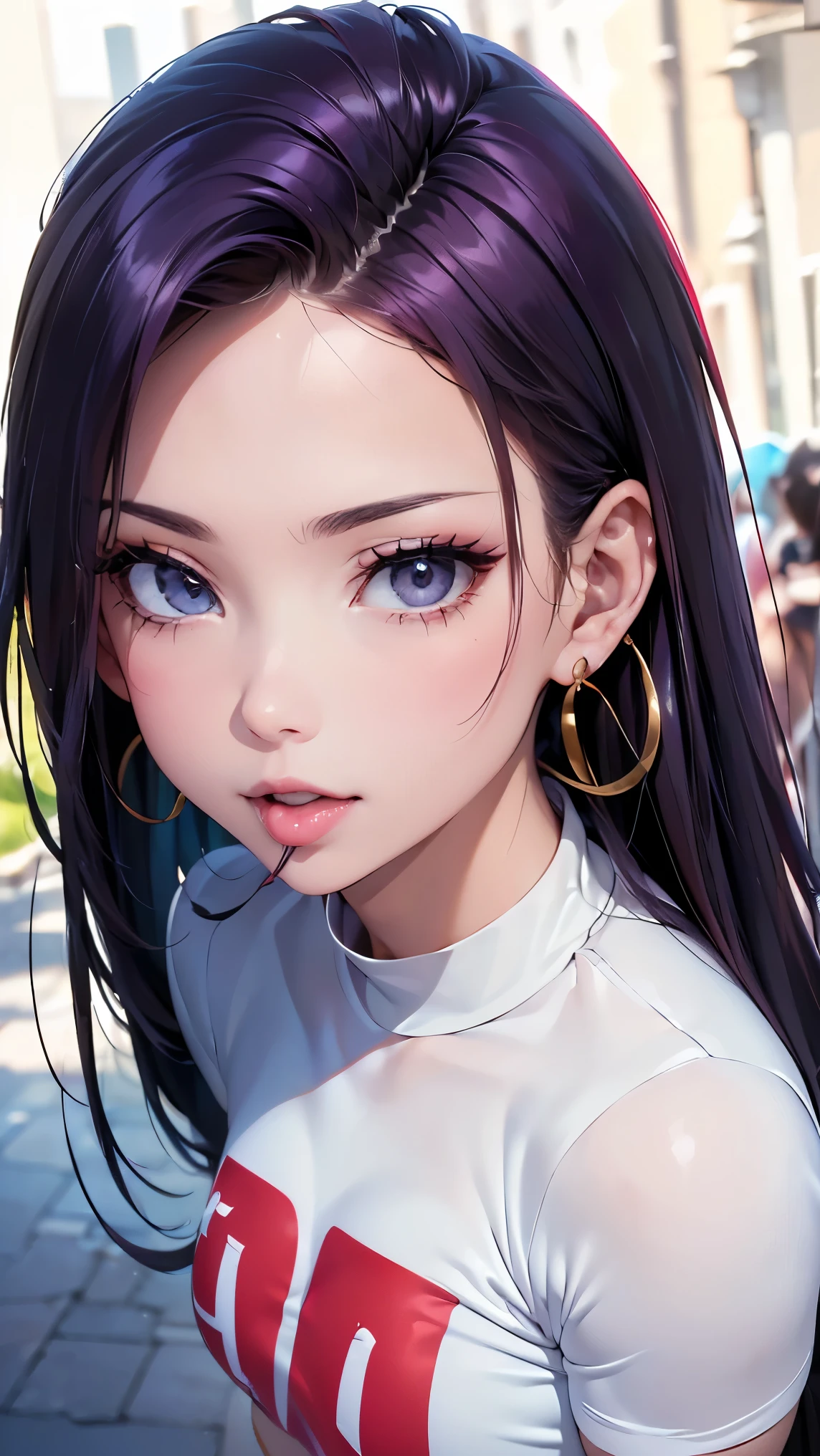 (masterpiece:1.Ultra High Definition Finish、(high definition、8k:1.3)、(of the highest quality、Ultra Realistic.:1.Harp focus , Ultra high definition face、Face-Focused、Ultra High Definition Beautiful Eyes.、 eyes are symmetrical .:1.3、Beautiful and high definition skin、 toned skin 、close-up face after ejaculating in mouth、 、 is so beautiful 、 is so beautiful 、natural makeup, Bright lips ,, full body, Jesse_Pokemon, earrings, Rocket Team Uniform Like the Picture , crop top, very long hair, purple hair, slick back hair, white mini skirt, watching, happy