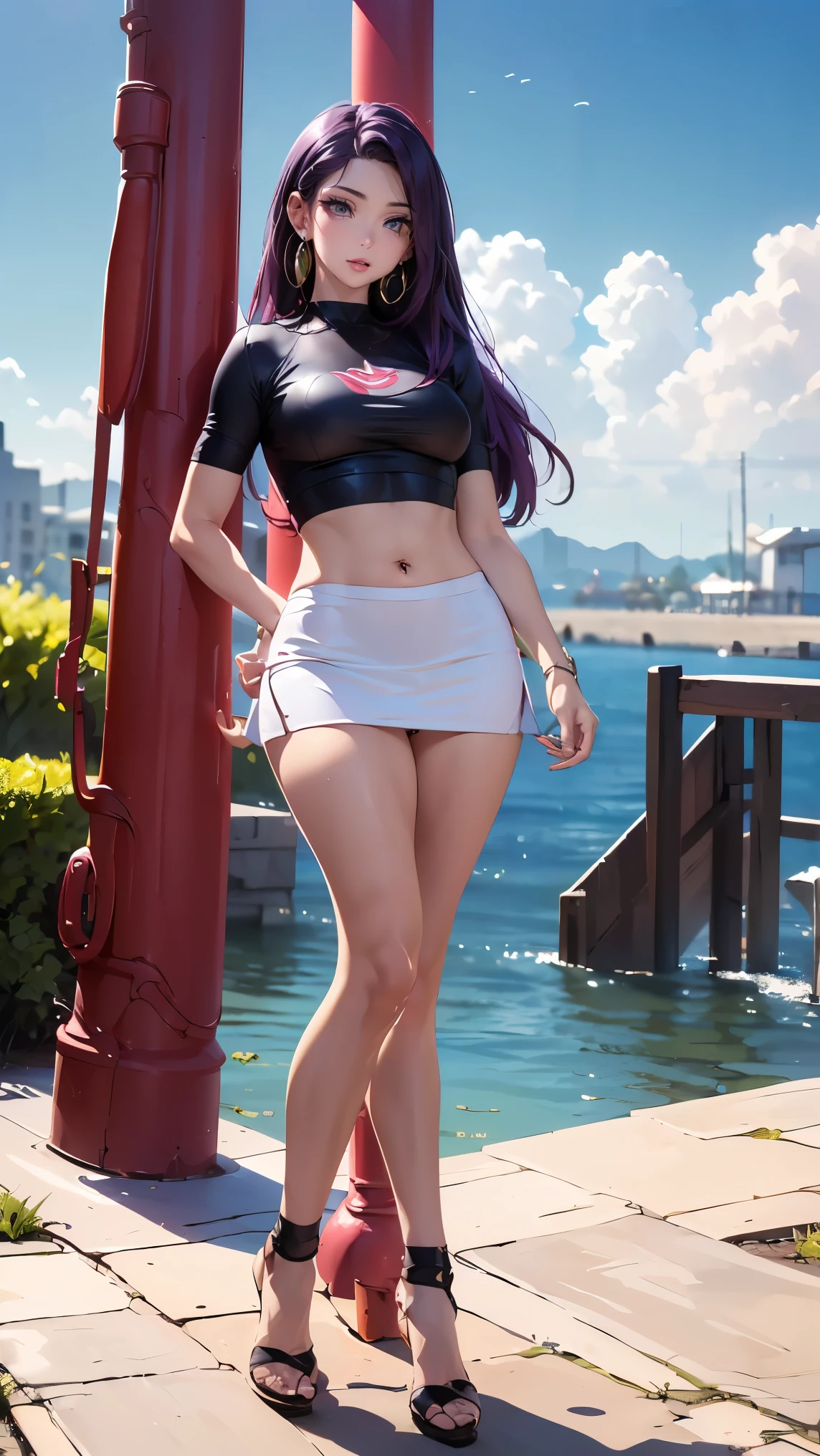 Masterpiece, Best quality,KFK, 1girll, bangs, Bare_bshoulders, Skirt, Breasts, mitts, jewelry, Large_Breasts, Long_Hair, Long_Sleeves, Pantyhose, purple_Eyes, purple_Hair, shirt, Solo,peeping at the viewer,sunglasses,Bikini, (Sun, Cloud,A renaissance city around water,Outdoors :1.1),render in blender((isometry))