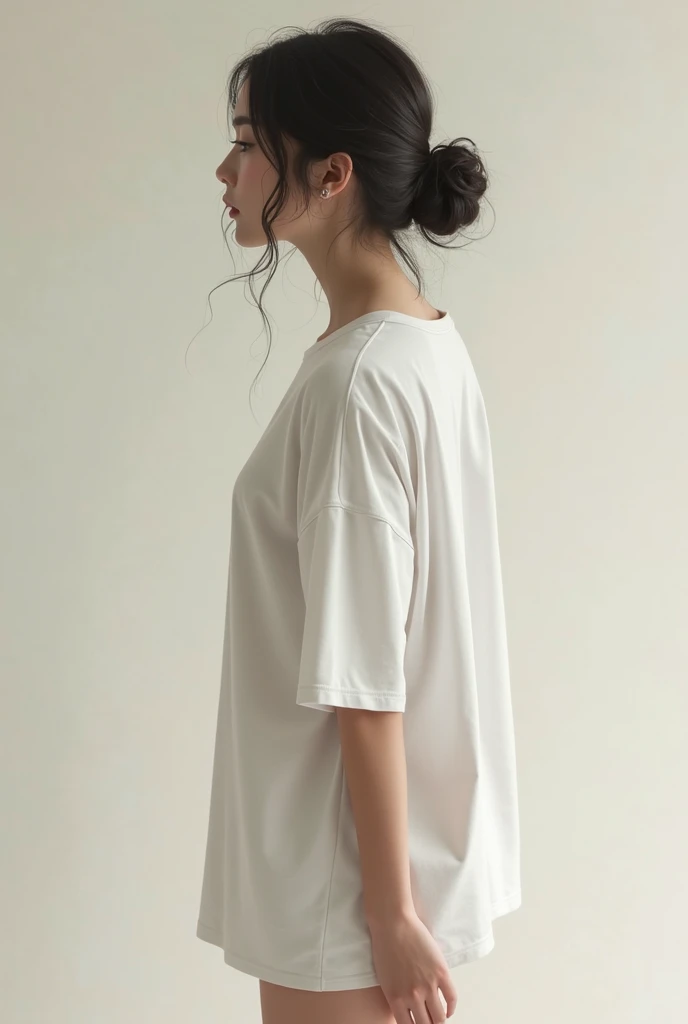 japanese modest female,light brown hair,white t-shirt, gray sweat pants,large tareme,curvy,medium hair,portrait
