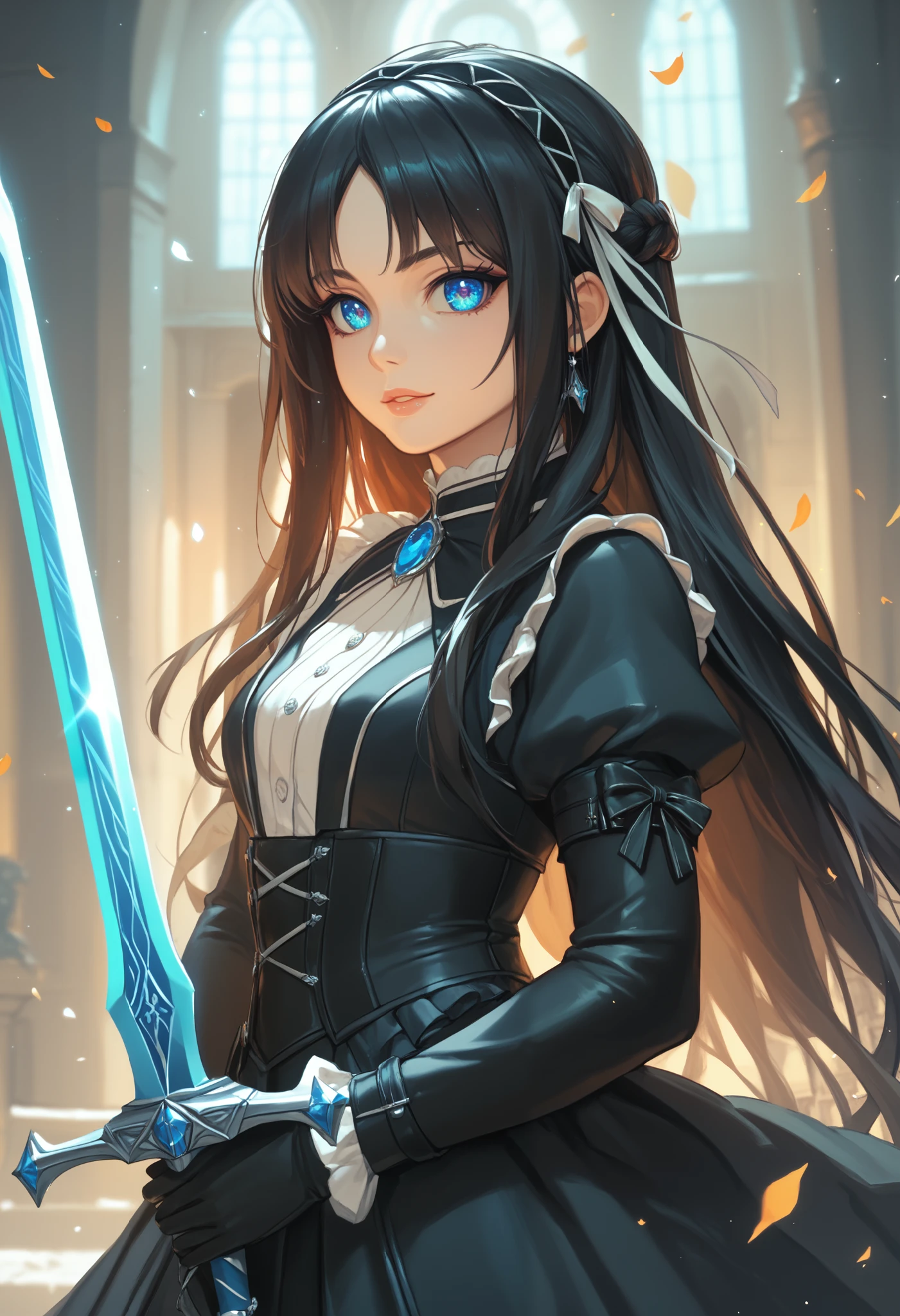masterpiece, best quality, finely detail, Very detailed, hight resolution, Beautiful detailed eyes, Natural Lip, girl, an exquisitely detailed and beautiful face and eyes and skin, raw photo, young face, cute, slender body, long hair, braided bangs, japanese dynamic pose, Plasma Sword, castle, black gothic lolita