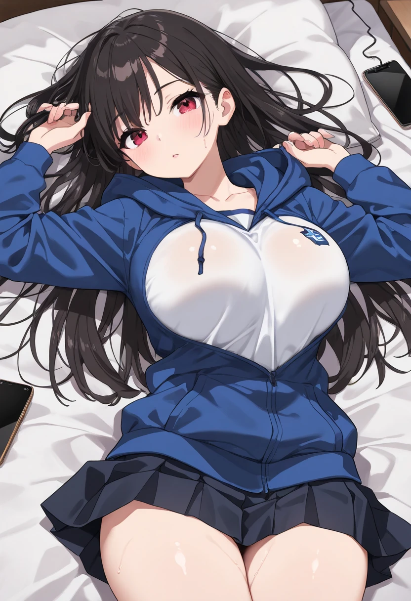 best quality,highly detailed,ultra-detailed,incredibly_absurdres,an extremely delicate and beautiful girl,beautiful detailed glow,ultra-detailed,beautiful and delicate water,extremely_detailed_eyes_and_face,{{{expressions}}},{long hair},Skirt,black silk stocking,hoodie ,JK,{slippers},hood,small breast,adorable girl,student,sigh,annoyed,frown,head tilt,{stretch}