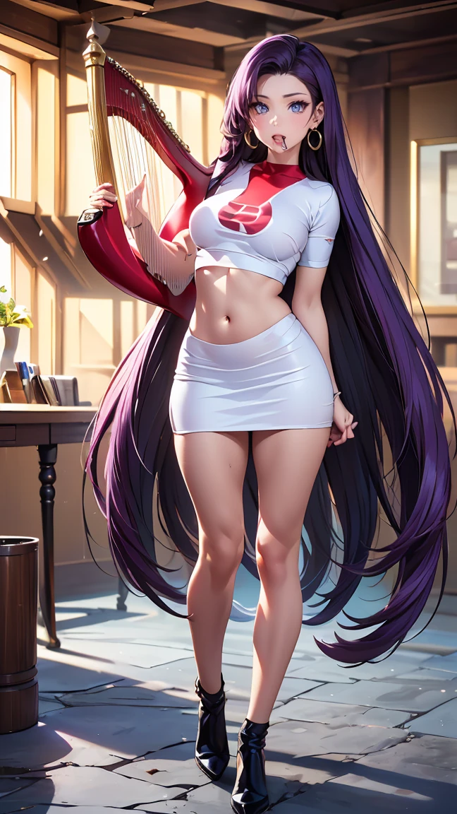 (((1 girl))) short hair, earings ,glossy lips ,team rocket uniform, red letter R, white skirt, white crop top, black thigh-high boots, black elbow gloves, evil smile, looking at viewer, cowboy shot, arms crossed, full body photo Mercedes von Martritz (Fire Emblem: Three Houses)