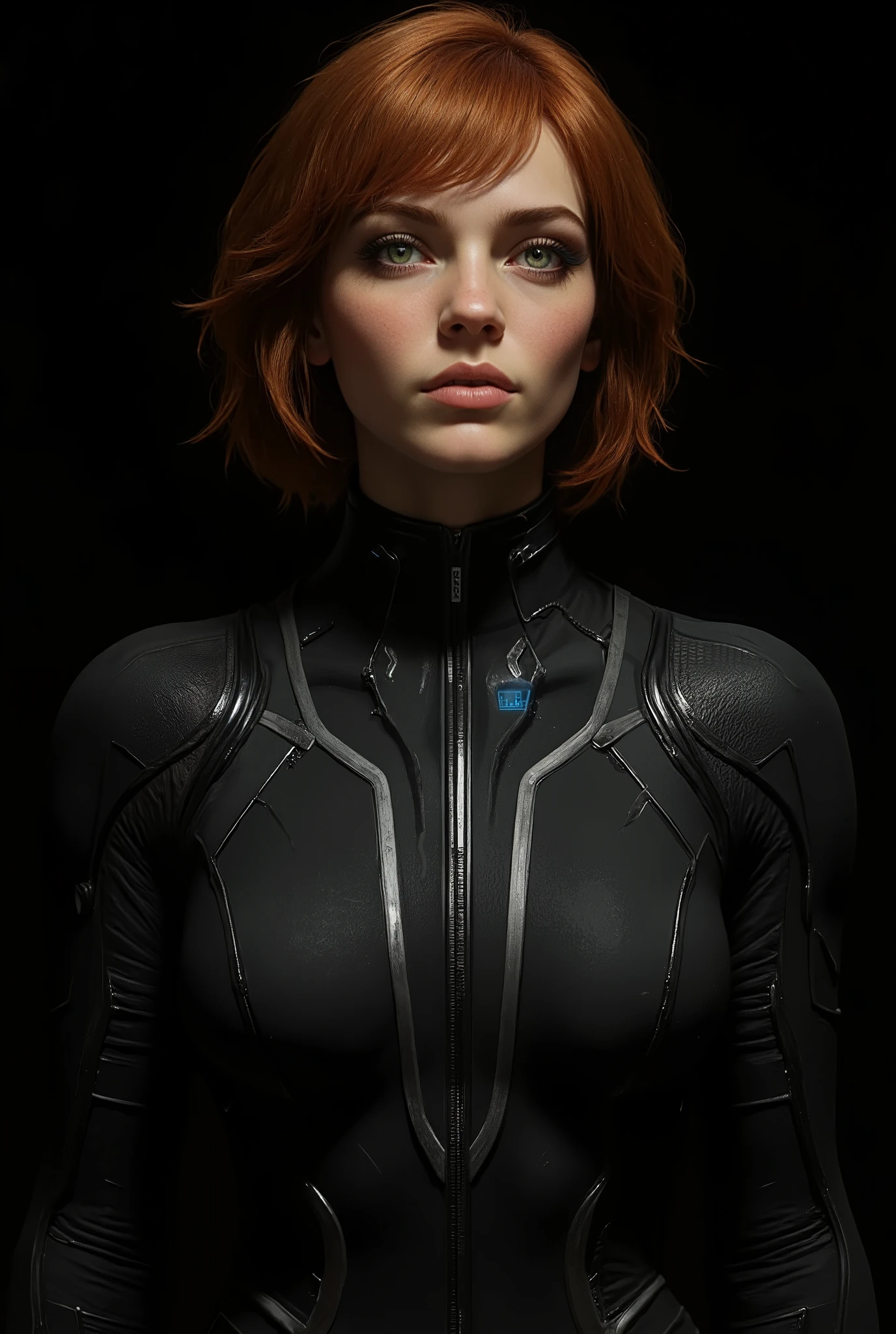((artwork, highest quality, highest image quality, high resolution, photorealistic, CRU photo, 8k)), (best quality, 4k, high resolution, masterpiece: 1.2), ultra detailed, (realistic, photorealistic: 1.37), ray traced. Best quality, masterpiece, pure black background image. (photorealistic: 1.4, extremely intricate: 1.3), (photon mapping, radiosity, physically based rendering, ultra resolution, hyperrealistic, photorealistic: 1.4, hyperrealistic, 8k), Notice: ((artwork, highest quality, highest image quality, high resolution, photorealistic, CRU photo, 8k)),(best quality, 4k, high resolution, masterpiece: 1.2), ultra detailed, (realistic, photorealistic: 1.37), ray traced. Best quality, masterpiece, pure black background image. ((artwork, highest quality, highest image quality, high resolution, photorealistic, CRU photo, 8k)), (best quality, 4k, high resolution, masterpiece: 1.2), ultra detailed, (realistic, photorealistic: 1.37), ray traced. Best quality, creates a beautiful girl, golden beauty, side view, low angle view, dressed as a futuristic astronaut, wears a very advanced helmet with a transparent polymer visor that can be seen reflecting bluish holographic text. View of the bust from head to waist, wears a black and gray jumpsuit with black carbon fiber details, jumpsuit fitted to her figure, futuristic and advanced jumpsuite, gray and white helmet with a lot of technological detail, the girl is beautiful, she has short fiery red hair, layered cut, bangs, very detailed light green eyes, long eyelashes, thick, moist and half-open lips, skin with extreme detail, very detailed visor, with reflections. The girl looks sideways at the camera with her helmet, worried and alert. The black background is ideal for wallpaper.