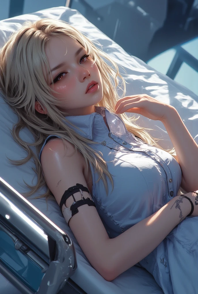 1 beautiful woman, large body, ((very intense makeup)), made-up face, blonde, hair bun, hair tied in 2 tails, large hoop earrings, light blue top with neckline, neckline, small jean shorts, large nails, made-up eyelids, white boots, lying asleep on the bus, eyes closed, mouth open.