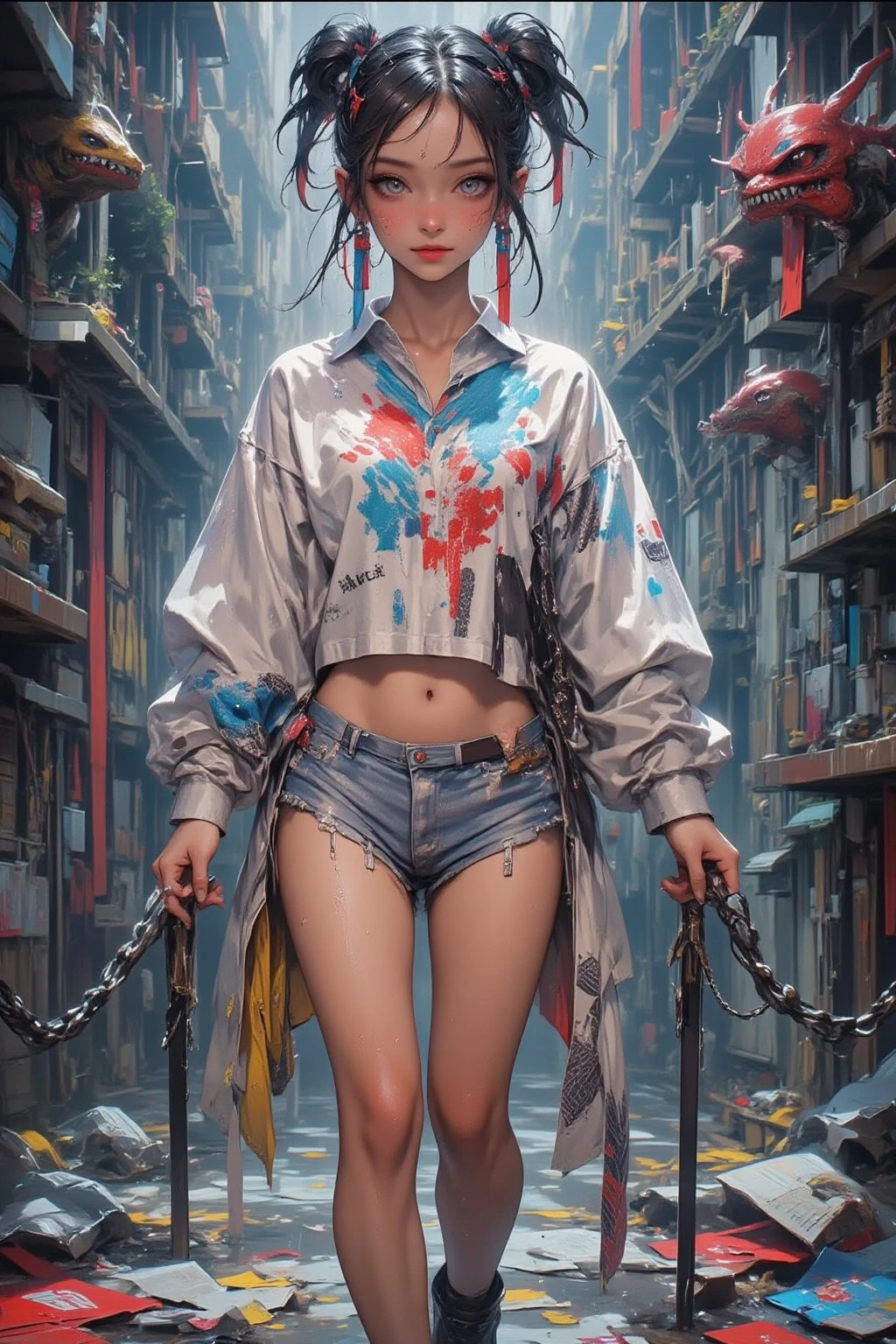 atmosfera chuva black Stunning painting featuring the very beautiful Elsa frozen + venom sider girl with chained wrists, provocative pose, flirtatious expression, tattered unbuttoned shirt black silver blue highly detailed tattered leather mini skirt, perfect anatomy, centered, near perfect, dynamic, highly detailed, artstation, concept art, soft and sharp focus, illustration, art by Carne Griffiths and Wadim Kashin, graffiti airbrush techniques, high definition accent lighting, contrasted with vivid paint colors, cinematic, photorealistic, by Boris Vallejo, atmosphere extra space, digital rendering, digital painting, beep, Noah Bradley, Cyril Roland, Ross Tran, trending on artstation