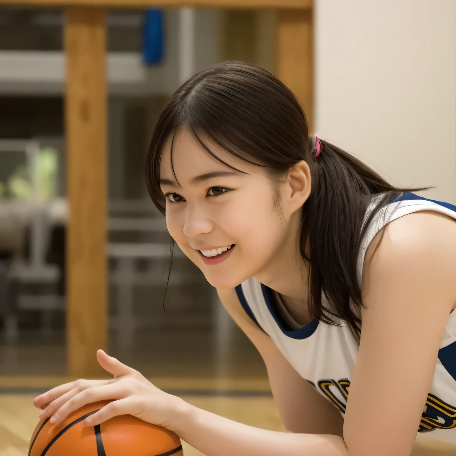 A young female basketball player executes a dynamic jump shot with precision and grace. She holds the basketball firmly in both hands, her form exuding confidence and skill. Her slim-fit uniform highlights her athletic build, while black high socks and matching sneakers create a sleek, modern look. Her neatly braided black hair arcs through the air as she leaps, her intense black eyes fixed on the goal. The polished wooden floor of the brightly lit gymnasium reflects the action, emphasizing the energy and competitive spirit of the moment.A 20-year-old woman smiles gently, friendly. (RAW photos, top quality), (realistic, photo-realistic:1.4), masterpiece, extremely delicate and beautiful, highly detailed, 2k wallpaper, ultra-detailed CG unity 8k wallpaper, ultra detail, high res, soft light, beautifully detailed girl looking back, extremely detailed eyes and face, beautifully detailed nose, cinematic lighting, perfect anatomy, slender body. Long hair, dark hair, dark eyes.