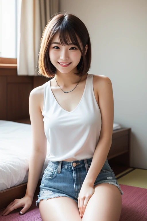 With the best image quality、Teenage girl standing in room。Black Hair Bob Hair、Cute smile with mouth closed.。(tiny chest)、White camisole、Denim panties