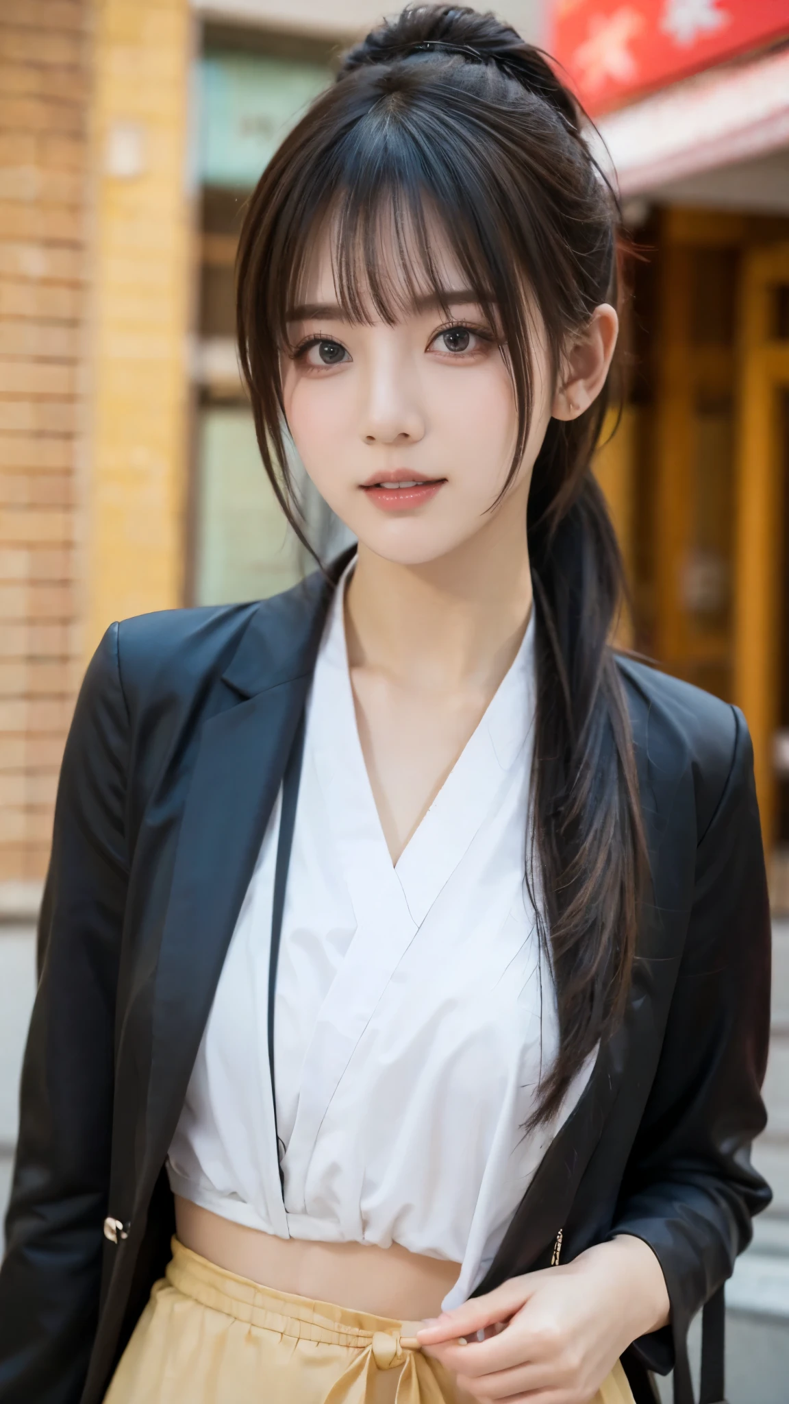 (( stylish hair )), photorealistic:1.32、of the best quality、ultra high definition、the most beautiful Japanese girl pictures、 CUTE AND BEAUTIFUL FACE DETAILS、(Purelos Face_v1:0.008)、Shine, fair, growing skin、((One person))、Lower body in panties、(tight waist:1.2), 澄んだ瞳が魅力的にShine、dynamic pose、of the best quality、 disorganized 、(( the most beautiful girl in the world))、Japanese、(((Cute micro top:1.2)))、(ponytail)、cute and cute、 ( jacket that widens your crotch), let me eat 、((A facial expression that tempts the opposite sex))、Chest、(cute standing pose that is making Ku)、side tail、brown hair、constricted、beautiful eyes in every detail、viewers、upper body、face close-up、Front Map、(detailed hands:1.3、perfect right hand:1.2), (beautiful small face, High nose, Beautifully shaped lips )