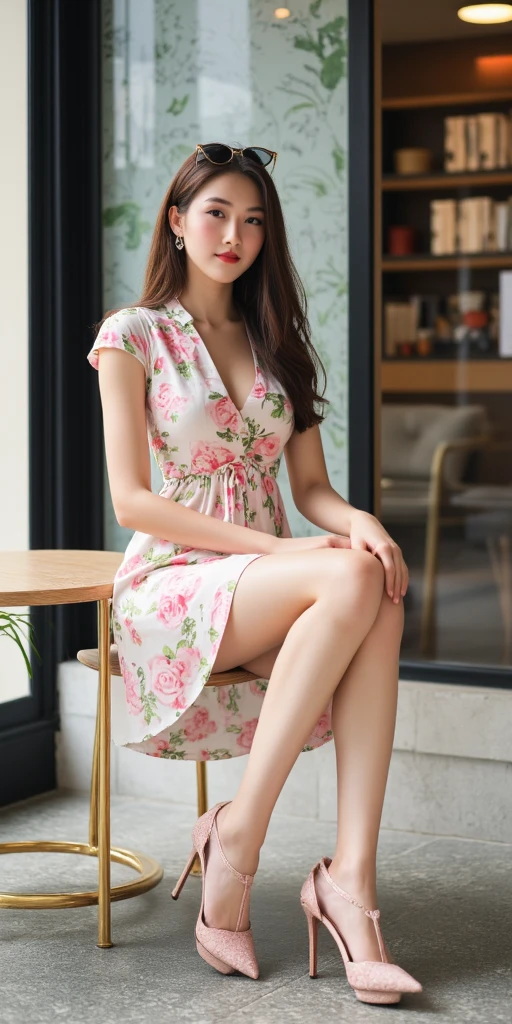((masterpiece)),(((Highest quality))),((Character design sheet))，Long legs,Slender figure:1.5，whole body:1.5，(One Girl:1.3),(Viewer Display:1.4)，(Pointy high heels:1.3),(Sit with your legs apart on the top of a mountain:1.2),(Wearing a floral and plant print mini dress:1.2), Curly Hair:1.5，She spreads her legs and her panties are exposed:1.5，