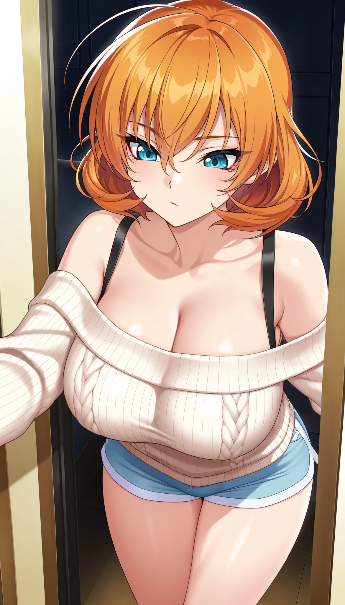 masterpiece,of the best quality, amazing quality, very aesthetic,anime screenshot ,1 girl, Sakura Igawa, orange hair, short hair, dry hair, blue eyes, curvilinear, Big Breasts, thigh, off-shoulder sweater, shorts for two, bare shoulder,