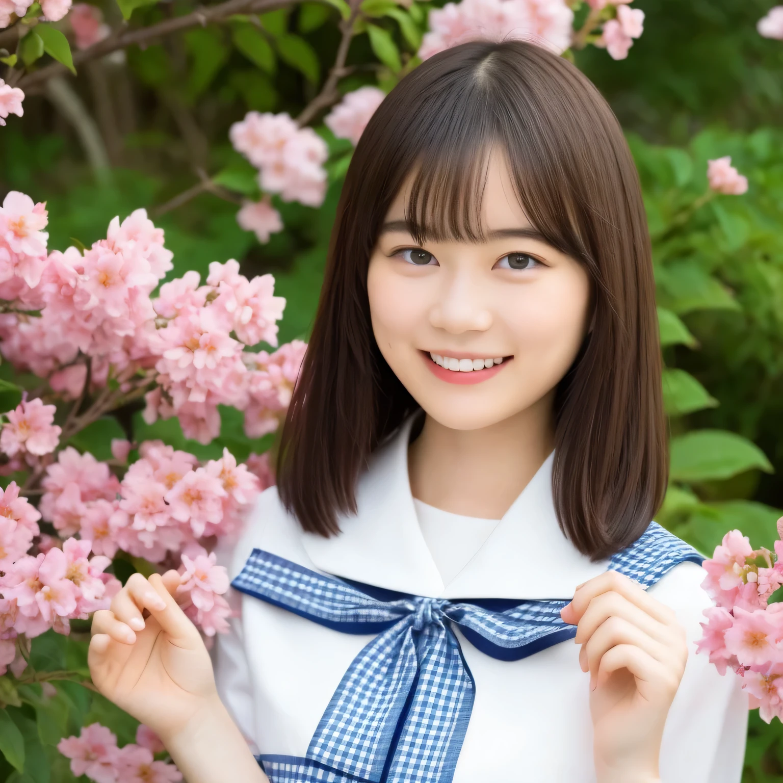 A breathtakingly beautiful 20-year-old woman stands in a lush park filled with cherry blossoms in full bloom beneath a clear blue sky. She wears a classic sailor uniform and gently holds a small, neatly wrapped gift box adorned with a red ribbon. Her radiant smile and joyful expression convey heartfelt happiness. Long hair, dark hair, dark eyes.