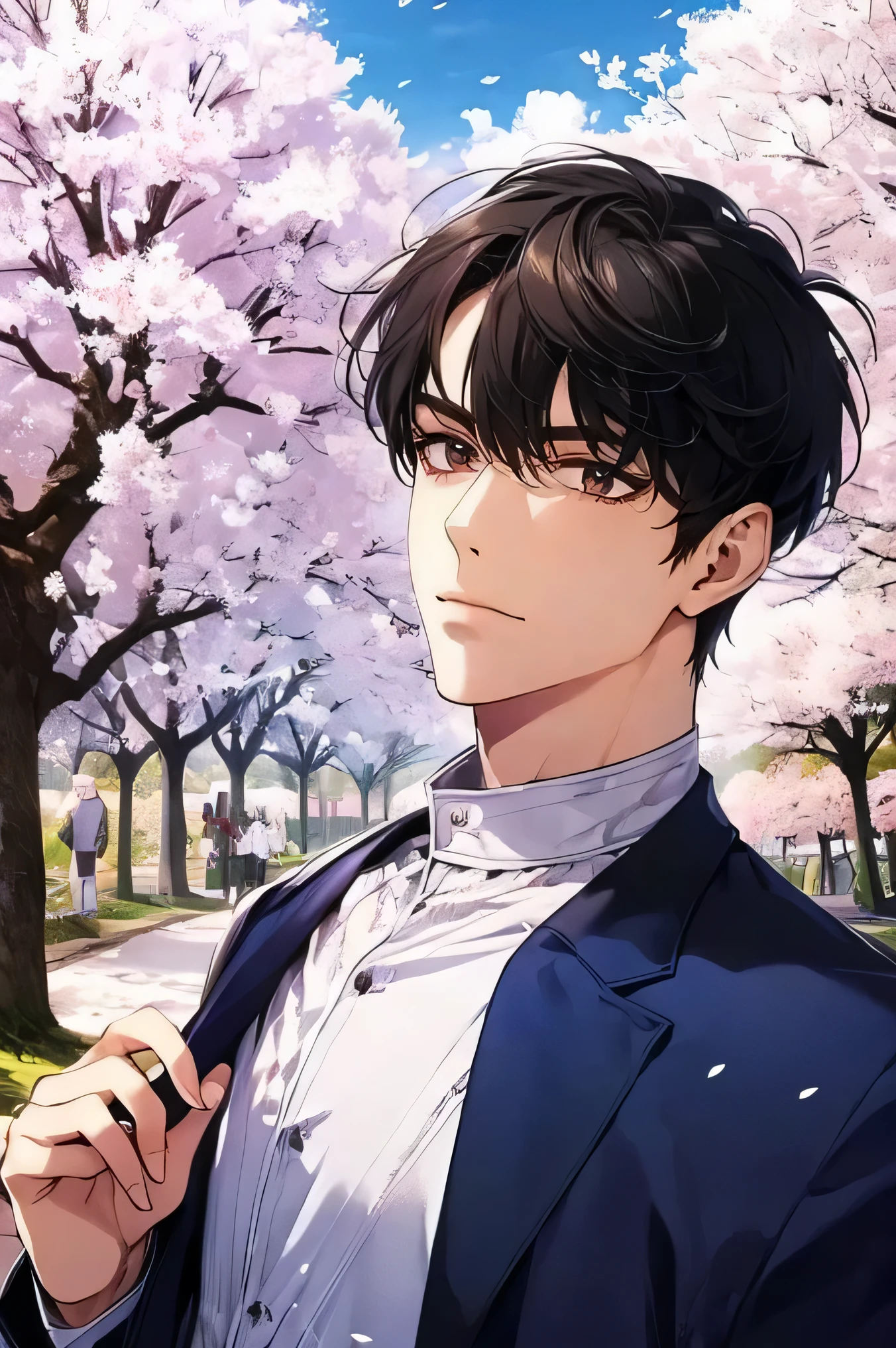 Man Two Two handsome guys very short black hair Face bigger than shoulders Face up big and above shoulders face up wear only navy tight high neck shirts under the cherry tree blue sky Cherry blossom trees in the background cherry blossoms in full bloom Man Two は桜の花を見る Man Two は背の高さが同じ Man Two