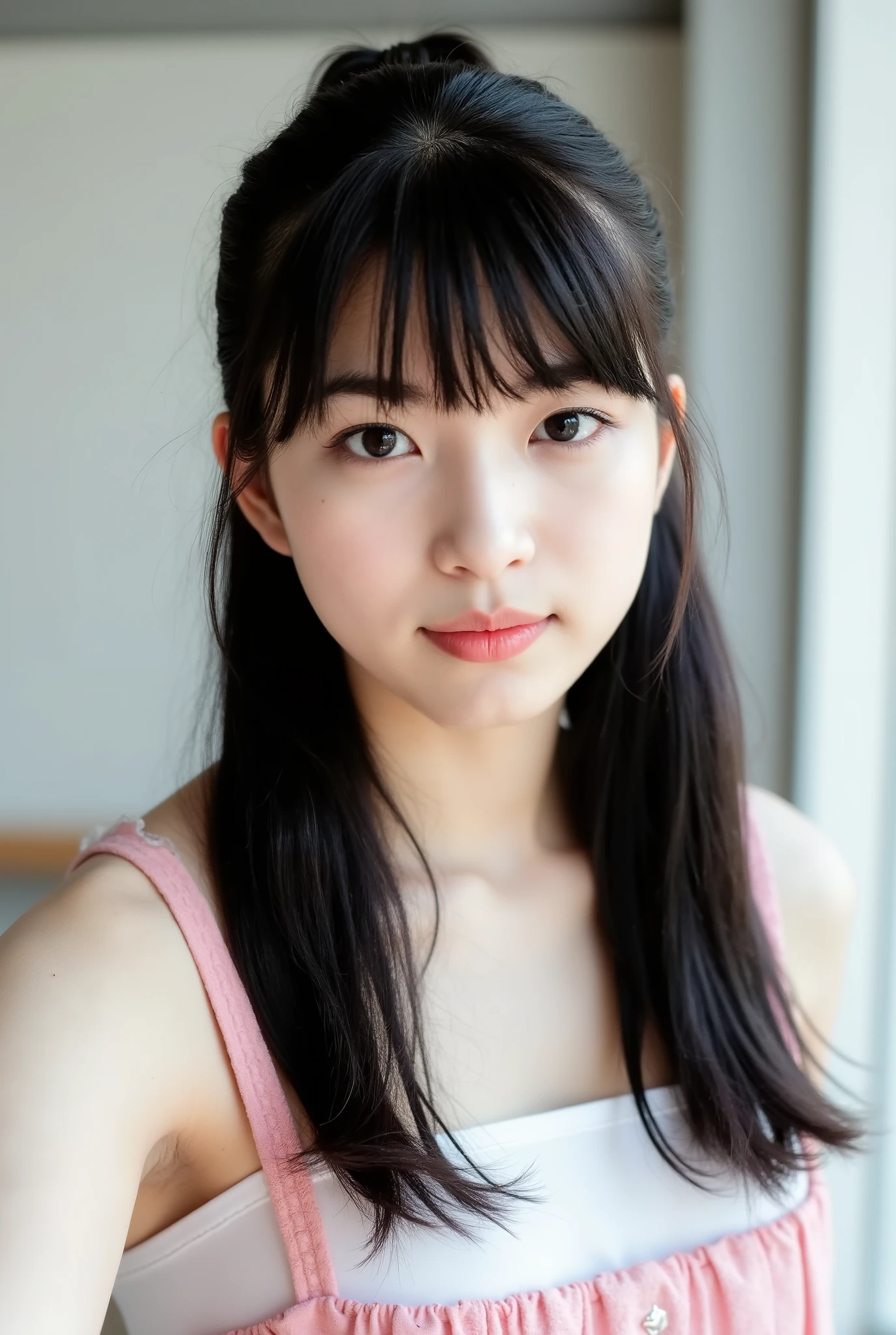 Create a photo collection featuring a Japanese idol girl with fair skin. She has long, straight black hair styled in a ponytail with bangs. Dress her in cute, feminine clothing for an outing. Ensure to capture full-body shots that highlight her elegance and charm.