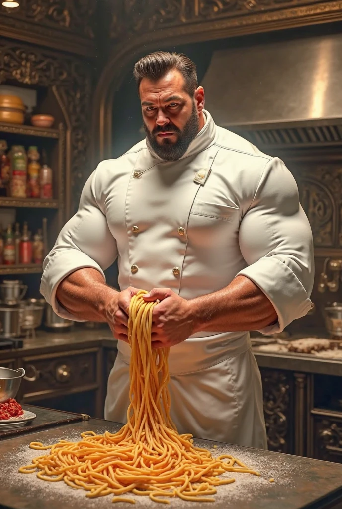 Bare-chested superhero Caliph extremely old over 80 years old very muscular and fat over 200 kg bare-chested African-American big flaccid pectorals huge brown nipples with brass rings. very long gray hair and big gray mustaches with huge tattooed arms in a kitchen wearing white chef pants 