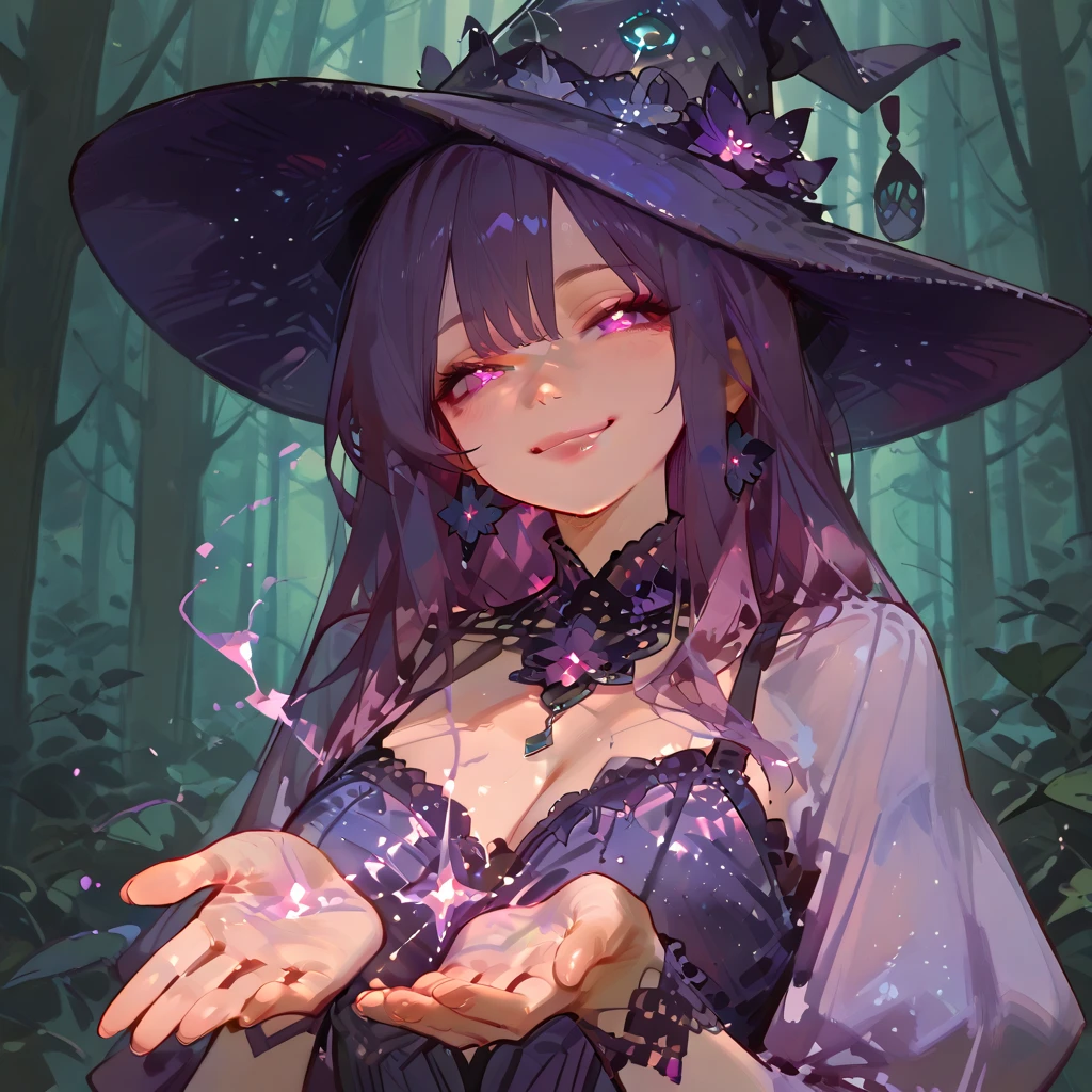 A stunning illustration of a beautiful witch in a captivating dress, brewing a mystical potion in her enchanted cave.