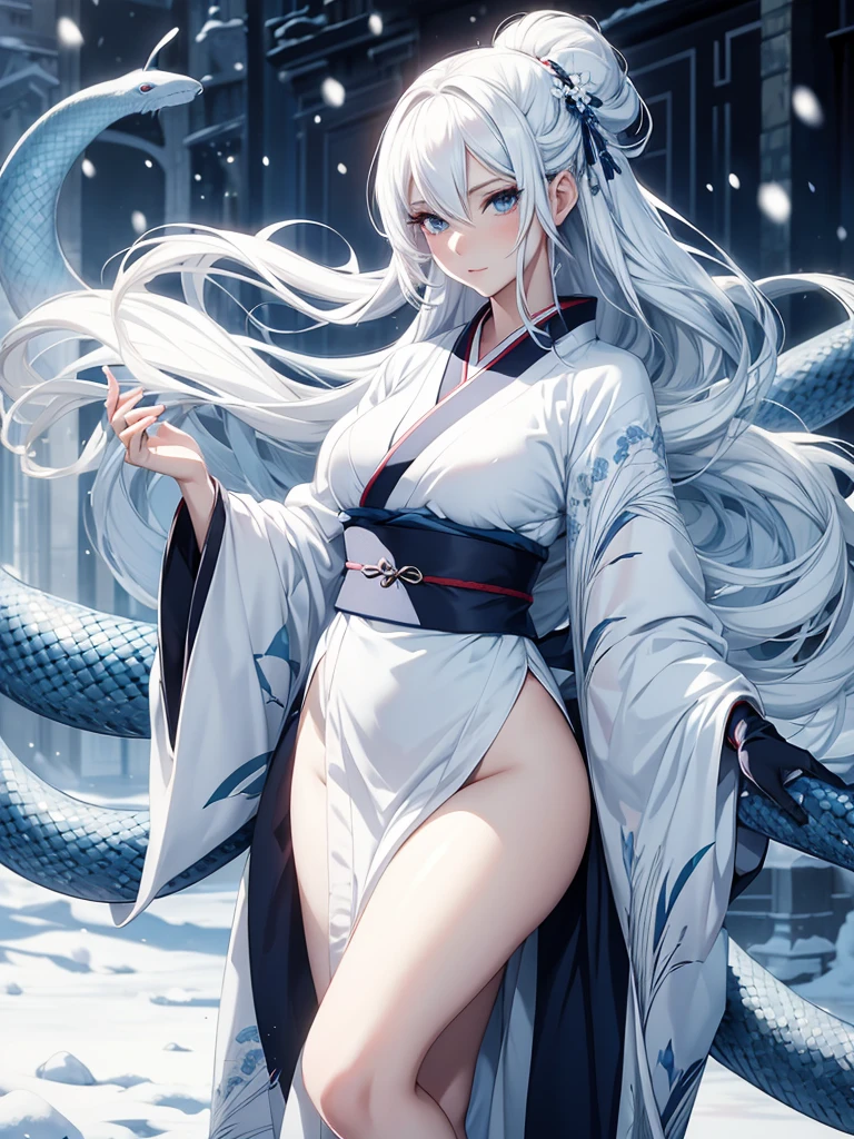 witch in kimono and light tight slim skirt, satin, fur, (stockings), decollete, natural breasts, slim body, zettai ryouiki, white hair, portrait, most realistic, highest quality, best pixels, 8k ultra