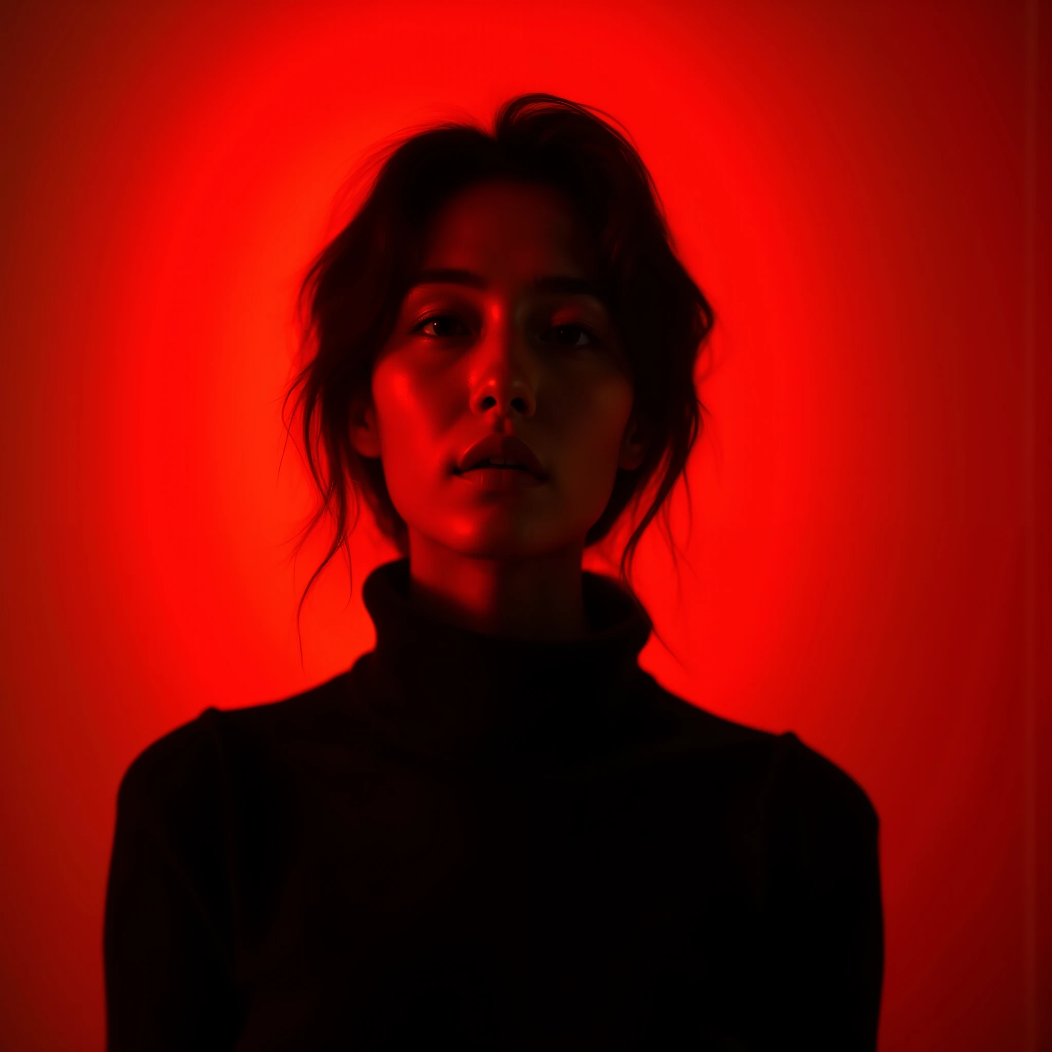 Front shot, upper body, professional Asian model, greek dark face features, brown colored eyes, shot with hasselblad x2d 100c, xcd 90mm f/2.5 lens, cinematic red color grading with golden hour warmth, dramatic black silhouette against burnt umber to red ruby gradient backdrop, avant-garde composition with tilted head pose, staring to camera, profound gaze, elongated body stance, flowing black turtleneck, professional main fresnel light at 60 degree angle with silk diffusion, rim light with cto gel at 75 degree angle, haze machine for ethereal atmosphere, feathered shadows, contrast curve manipulation, selective dodge and burn, grain texture overlay, color temperature adjustment at 5500k to 3200k gradient, ultra sharp details, raw format, inspired by paolo roversi lighting technique, hyper realistic... professional photoshoot, epic scenery, cinematic lighting, photorealistic representation, superb quality, highly detailed, fine IMAX-level detail, creativity, rich imagination, exquisite details, sharp high resolution, special originality, 8K rendering, sharp focus, high contrast, vivid colors, realism, maximalism, perfect anatomy, perfect fingers, accurate anatomy, professional, award-winning, bokeh, top quality, very detailed, delicate details, very realistic photography, masterpiece, beauty and aesthetics, HDR