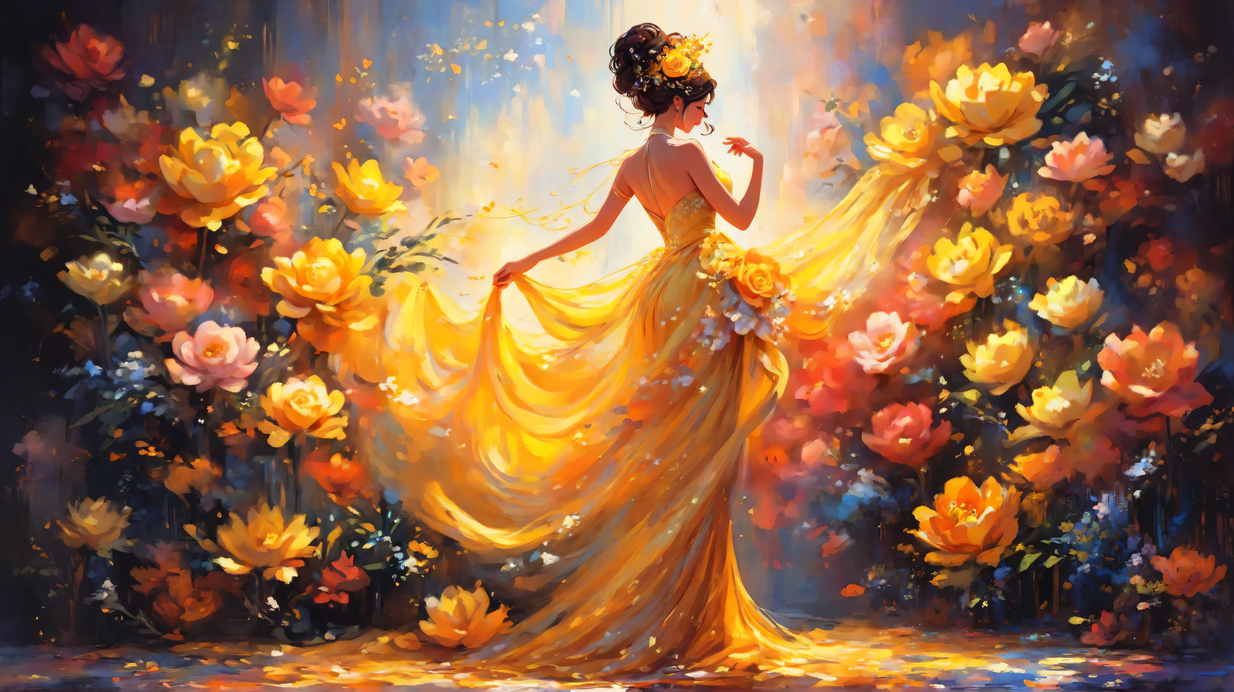 oil painting, impressionism,
a painting of a woman in a dress walking next to a flower pot, linda yellow woman, elegant oil painting, expressive and beautiful painting, inspired by Olha Darchuk , elegant and refined painting, lady wearing yellow dress , Painting of the beautiful , ntricate oil painting, figurative abstract art , woman in flowers, lady in bright flower dress , Elegant Woman, artistic painting.
elegant and balanced figure, back view , curly dark hair in hairstyle with yellow flower accessory, flowing yellow-orange dress, Strapless design, abstract floral background that blends with the dress with overlays as if the flowers were part of the dress, warm color palette, yellow flowers, oranges and white , artistic brushstrokes, luminous and dynamic composition, radiant and vivid atmosphere, emphasis on movement and flow, impressive mix of fashion and art.
