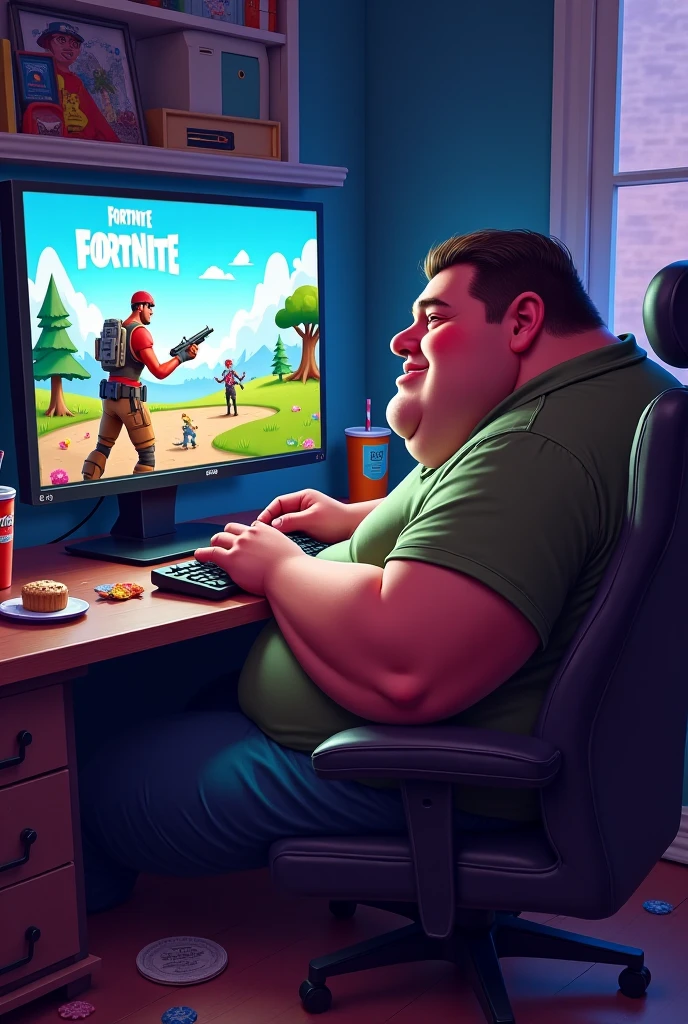 Draw a fat man playing computer and his angry friends watch behide him in posidon have wheals