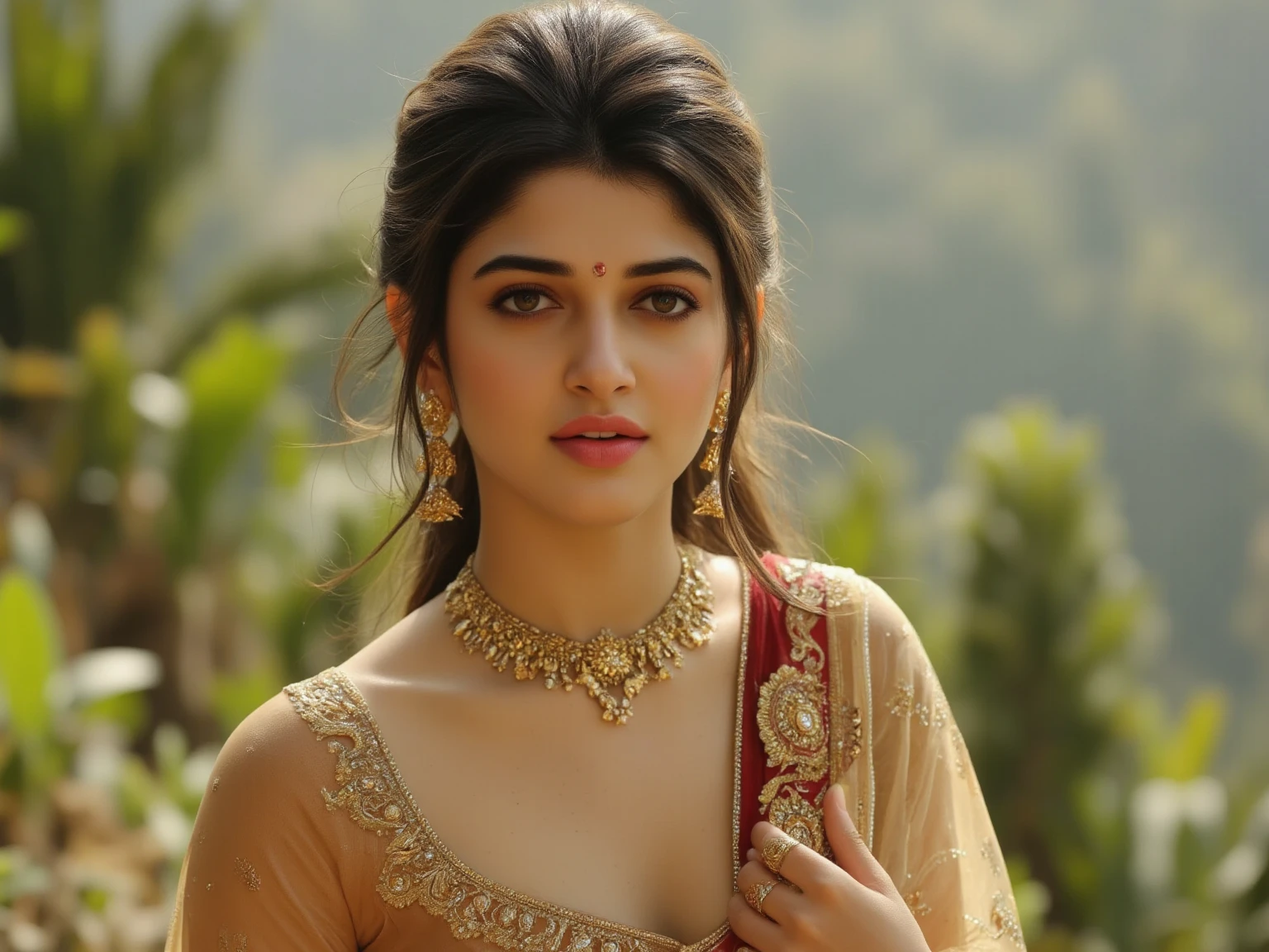 (best quality, ultra-detailed, realistic:1.37), professional, beautiful detailed eyes, beautiful detailed lips, detailed facial features, natural skin tones, perfect skin texture, delicate facial expressions, image in high resolution, realistic face, realistic skin, plain face, natural smile, highly detailed hair, 18yo, (Kiran, beautiful Indian young woman), dazzles with her traditional dance performance, dressed in a vibrant and intricate dance costume, showcasing her graceful moves and expressive gestures. The high-resolution image captures ultra-detailed realism, highlighting Kiran's captivating eyes, expressive lips, and graceful facial features. The stage or cultural performance setting creates a visually captivating representation of Indian classical dance and the beauty of traditional art forms.