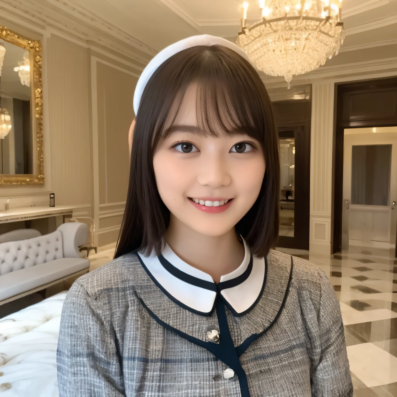 A breathtakingly beautiful 20-year-old woman stands in an opulent mansion room, dressed in a classic black-and-white maid outfit with a short hem and a white brim cap. Her confident smile radiates warmth. The room features elegant furnishings and decor befitting a grand estate, bathed in soft, natural lighting that enhances the sophisticated ambiance. Long hair, dark hair, dark eyes.