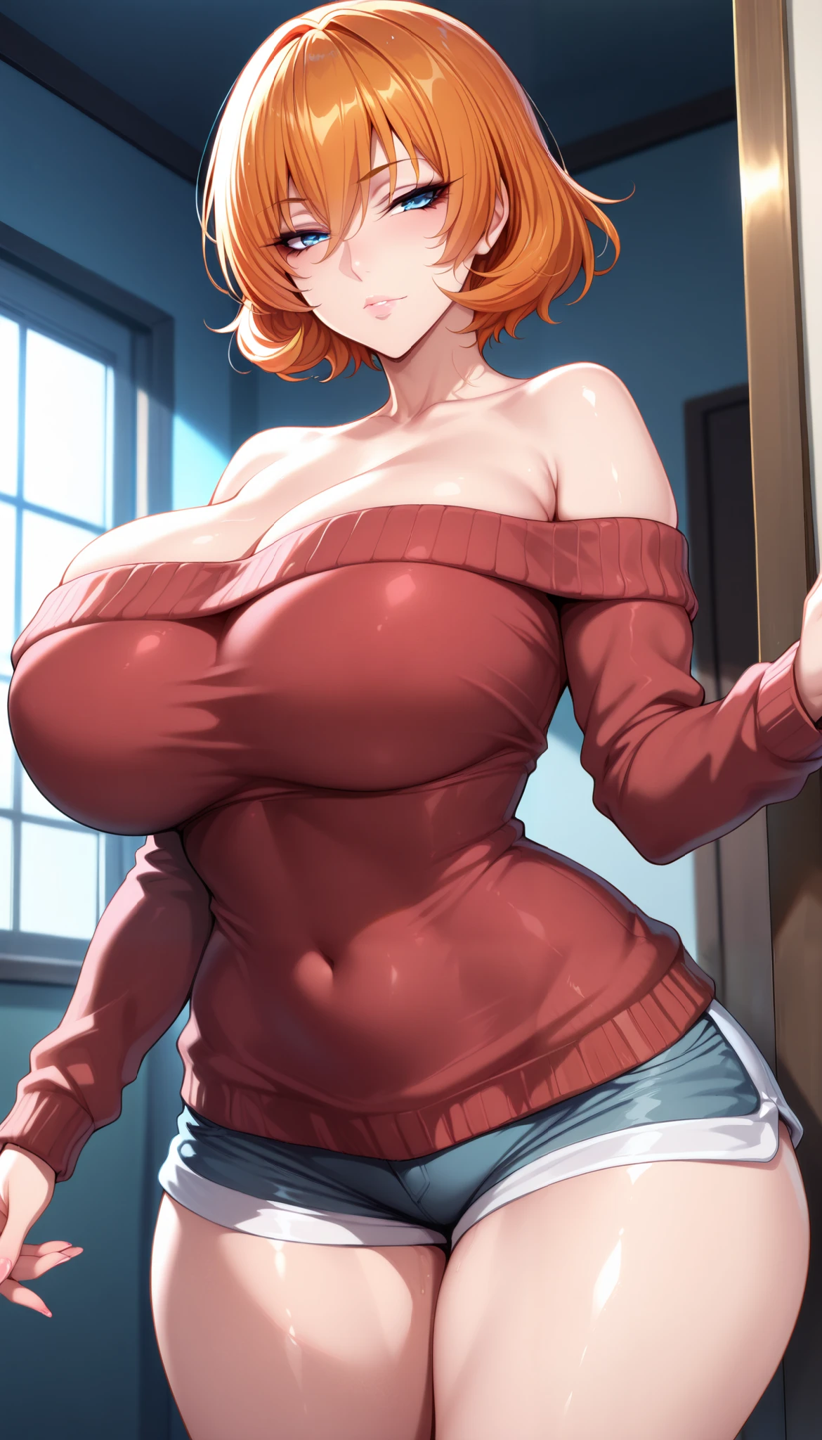 score_9,score_8_up,score_7_up,1girl,wattson,solo,mature female,looking at viewer,blush,smile,short hair,bangs,closed mouth,grey eyes,cowboy shot,pants,indoors,blunt bangs,large breasts,blurry background,bob cut,plant,hand on own chest,ribbed sweater,purple sweater,jeans,wedding ring,bedroom, shexyo
