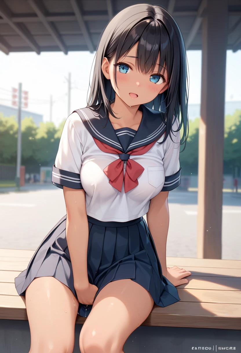 scowling face,cowboy shot,thin legs,standing,very young girl,extremely skinny girl,front shot,flat chest,low twin tails,black hair,red ribbon,pink panty,crotch,navy colored hip length sailor uniform, navy colored long skirt,white knee socks,burst out skirt,up skirt,panty shot,panty's strain,from below,ground level shot,tiny girl