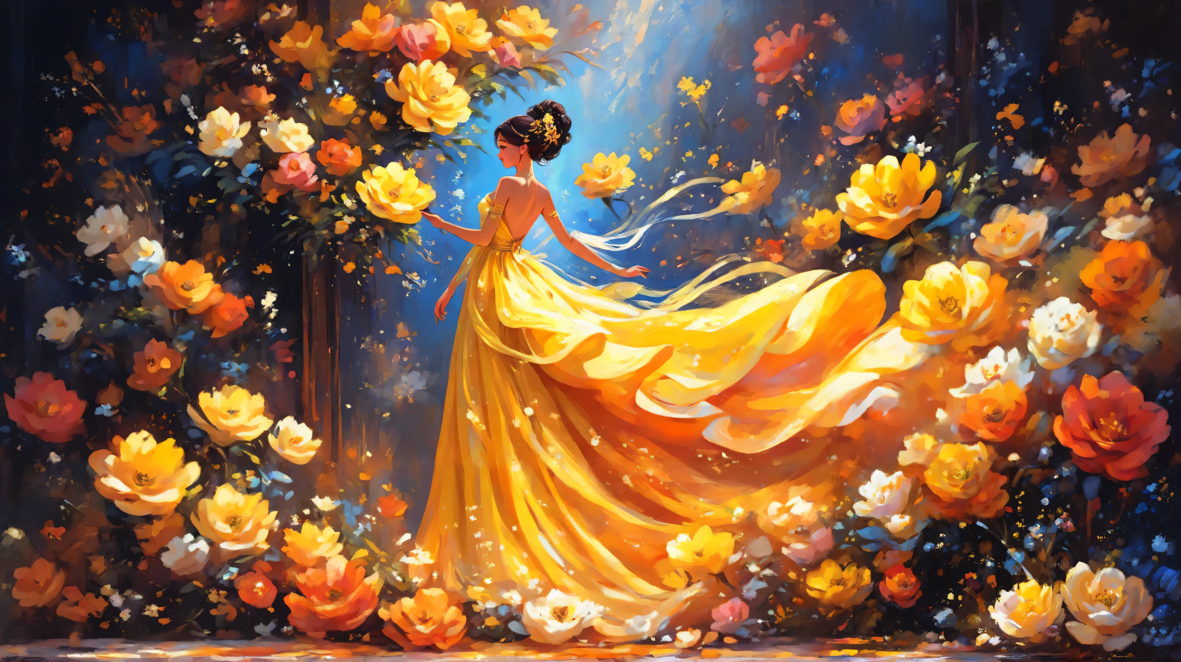 oil painting, impressionism,
a painting of a woman in a dress walking next to a flower pot, linda yellow woman, elegant oil painting, expressive and beautiful painting, inspired by Olha Darchuk , elegant and refined painting, lady wearing yellow dress , Painting of the beautiful , ntricate oil painting, figurative abstract art , woman in flowers, lady in bright flower dress , Elegant Woman, artistic painting.
elegant and balanced figure, back view , curly dark hair in hairstyle with yellow flower accessory, flowing yellow-orange dress, Strapless design, abstract floral background that blends with the dress with overlays as if the flowers were part of the dress, warm color palette, yellow flowers, oranges and white , artistic brushstrokes, luminous and dynamic composition, radiant and vivid atmosphere, emphasis on movement and flow, impressive mix of fashion and art.